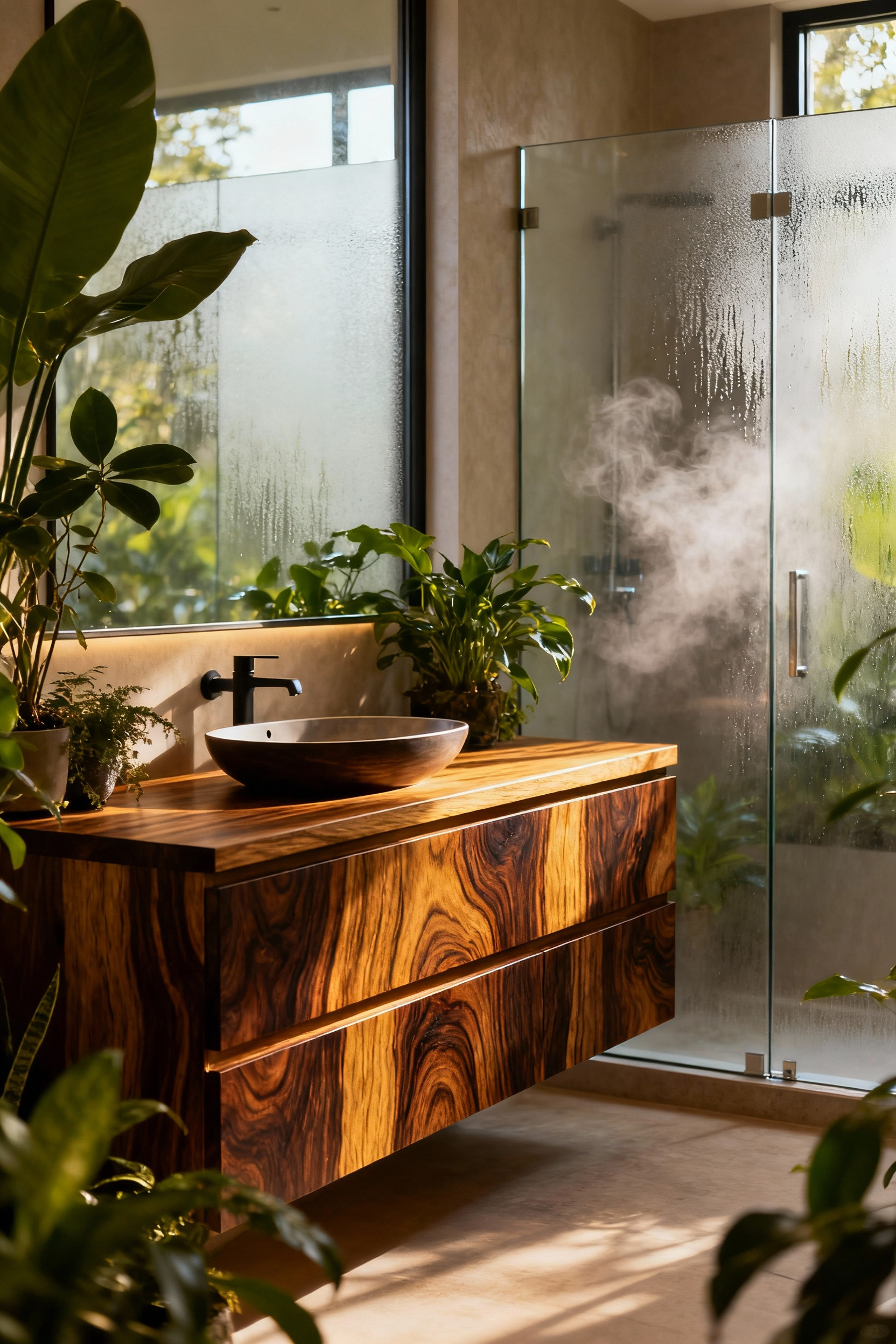 Biophilic bathroom with a dark, rich thermally modified wood vanity, plants, and subtle steam, illustrating enhanced durability and stability in a humid environment.
