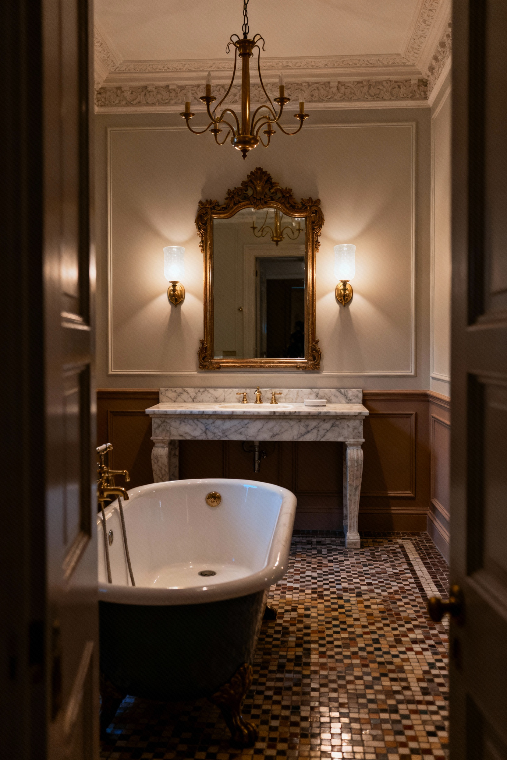 A beautifully lit traditional bathroom, showcasing a masterclass in layered illumination with elegant opal glass sconces providing task lighting at a marble vanity, complemented by a grand antique-brass chandelier casting a warm ambient glow over a freestanding clawfoot tub. Heritage fixtures and classic finishes define this luxurious and perfectly illuminated space.