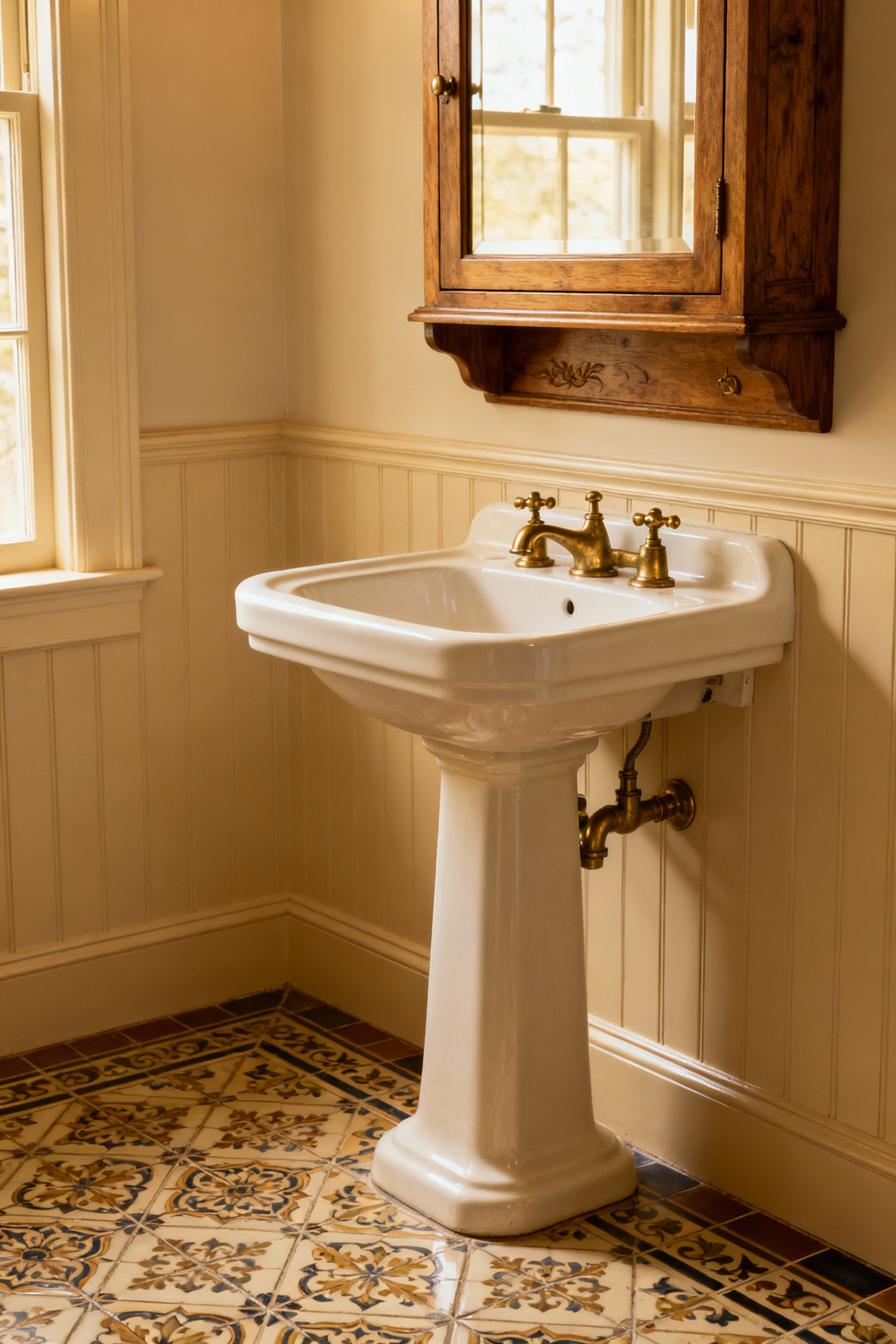 Traditional bathroom showcasing durable, high-quality materials like natural stone, classic ceramic tiles, and solid brass fixtures, representing enduring craftsmanship and timeless design choices.