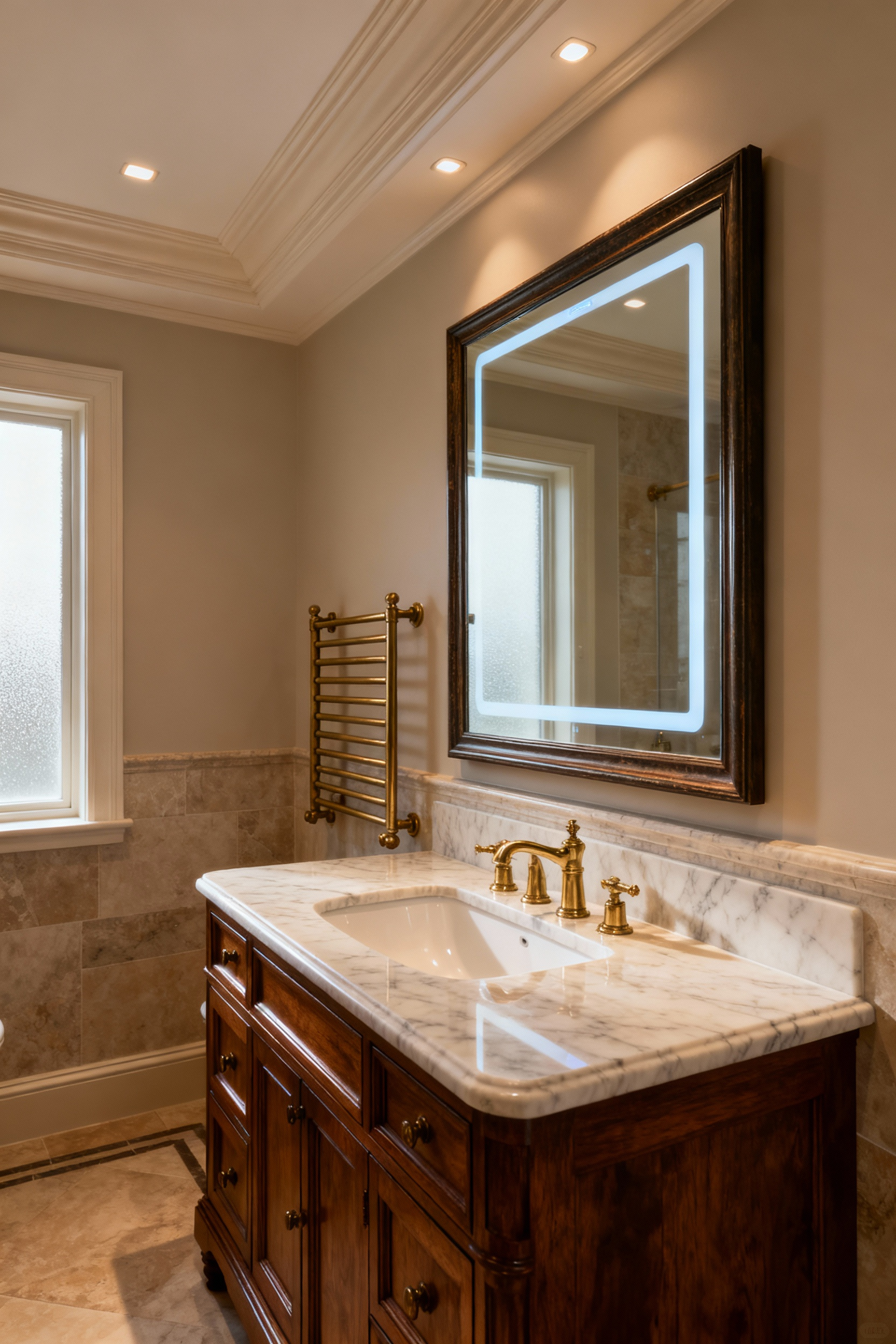 Luxurious traditional bathroom showcasing a subtly integrated smart mirror, traditional brass heated towel rail, marble vanity, and classic fixtures, highlighting advanced technology within a timeless design.