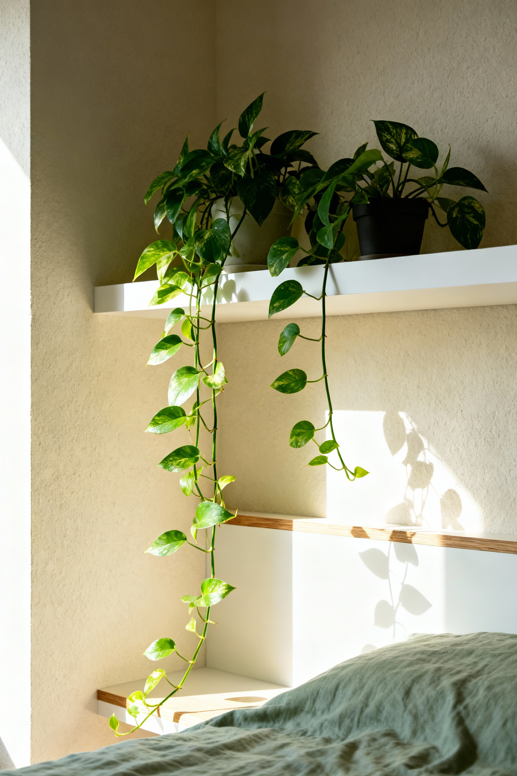 Trailing Pothos and Heartleaf Philodendron vines softening a sharp architectural corner created by a white floating shelf in a peaceful green bedroom.