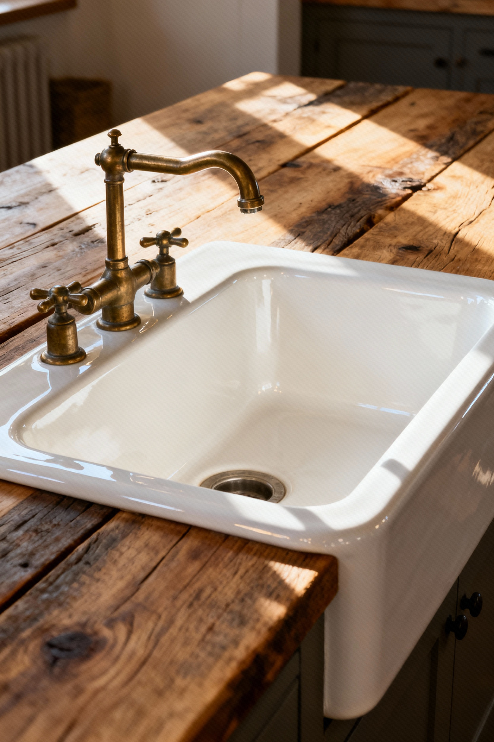 Close-up of a pristine, triple-glazed fireclay apron-front sink anchored in a reclaimed oak countertop, paired with an aged brass bridge faucet in a modern farmhouse setting.