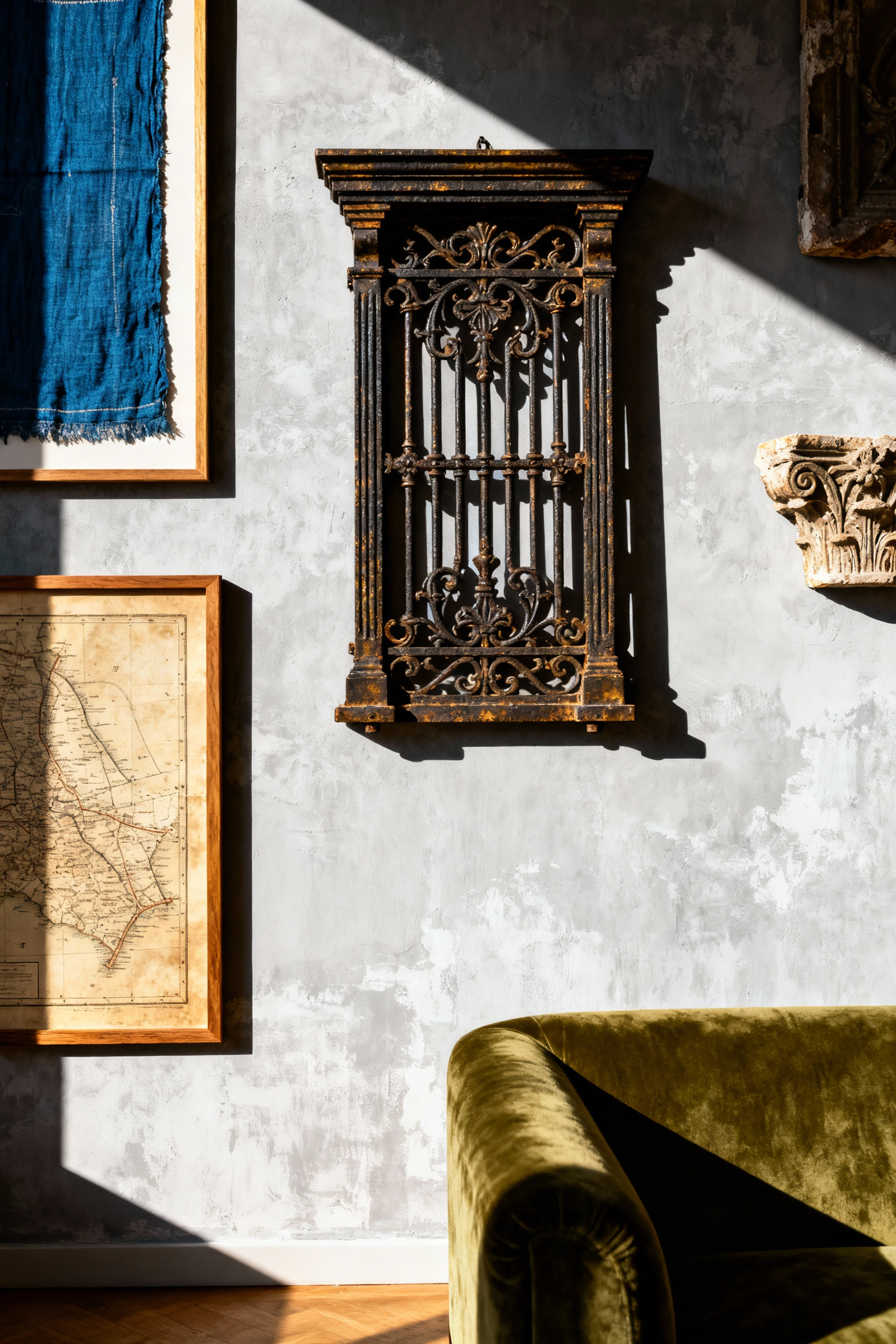 A modern living room gallery wall anchored by a heavy, ornate architectural metal grate, surrounded by framed vintage textiles and a salvaged wood carving, emphasizing three-dimensional depth and texture under dramatic directional sunlight.