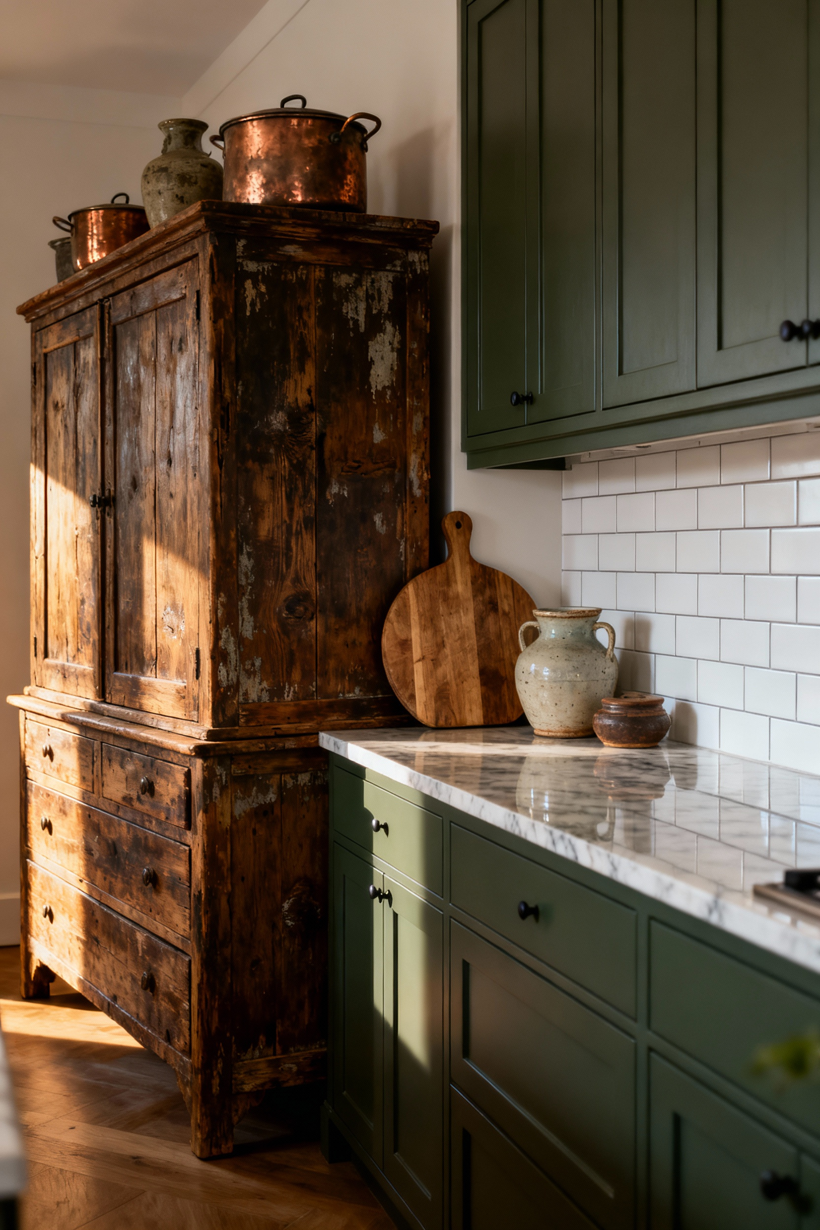 A close-up shot of an antique, distressed pine dresser standing next to modern sage-green built-in cabinetry, illustrating the unfitted style of rustic kitchen decor.