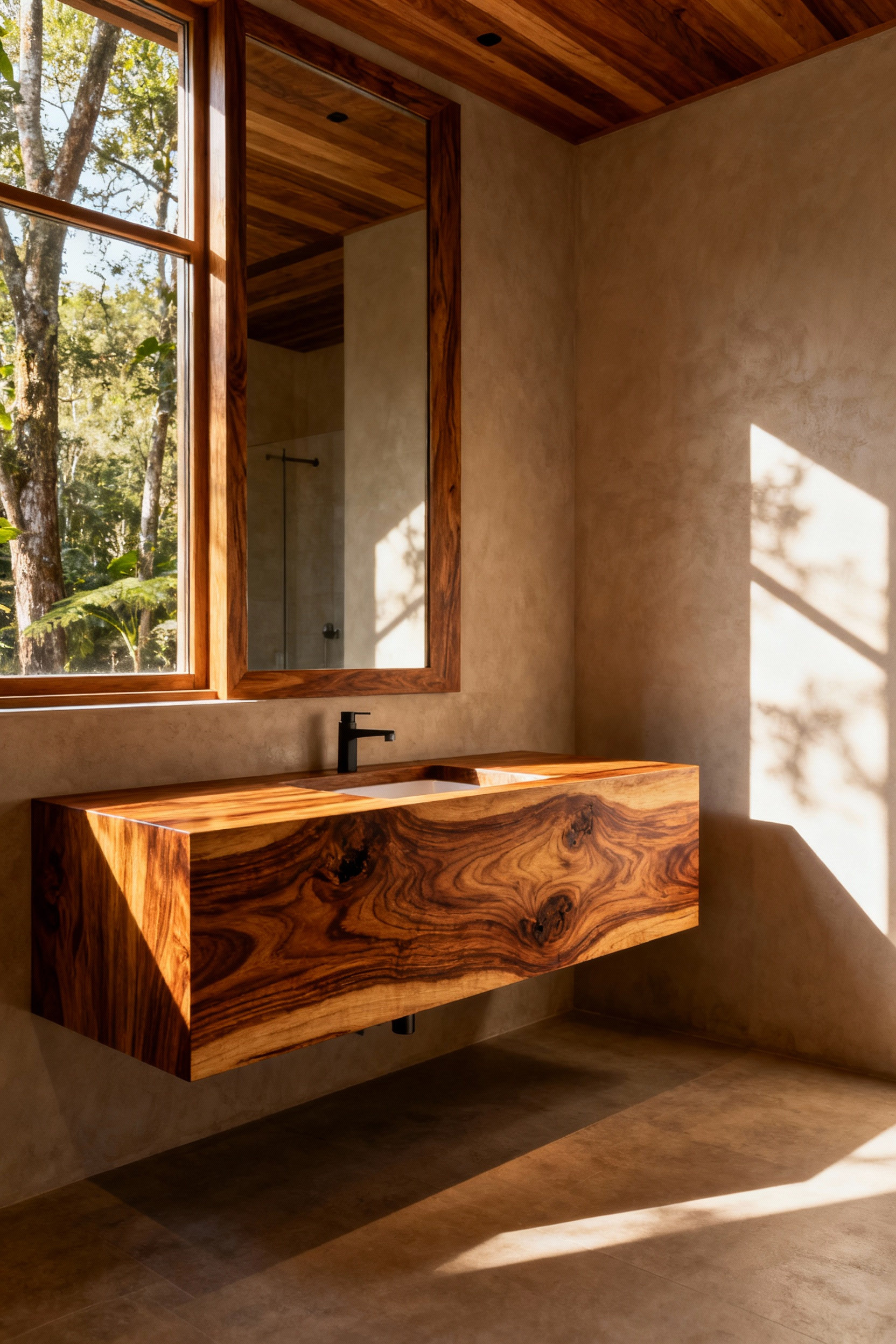 Serene wooden bathroom featuring a floating vanity with unvarnished grain textures, showcasing biophilic design and natural light. Emphasizes tactile wood elements.
