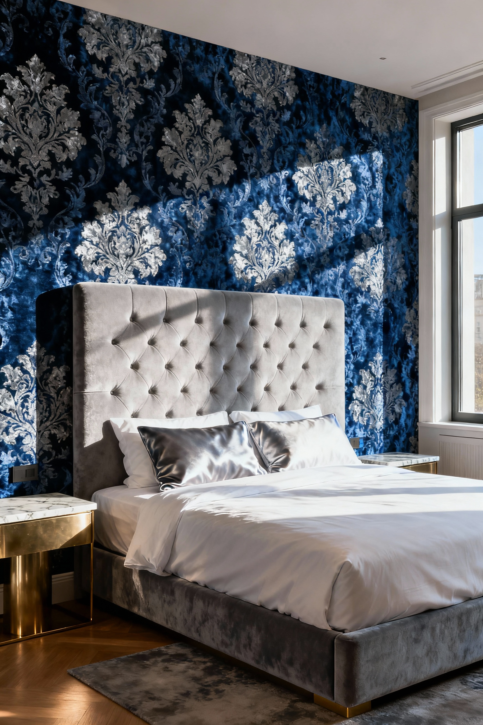 A luxurious master bedroom showcasing an accent wall covered in deep indigo velvet flocking wallpaper with a silver damask pattern, emphasizing texture and old-world opulence.