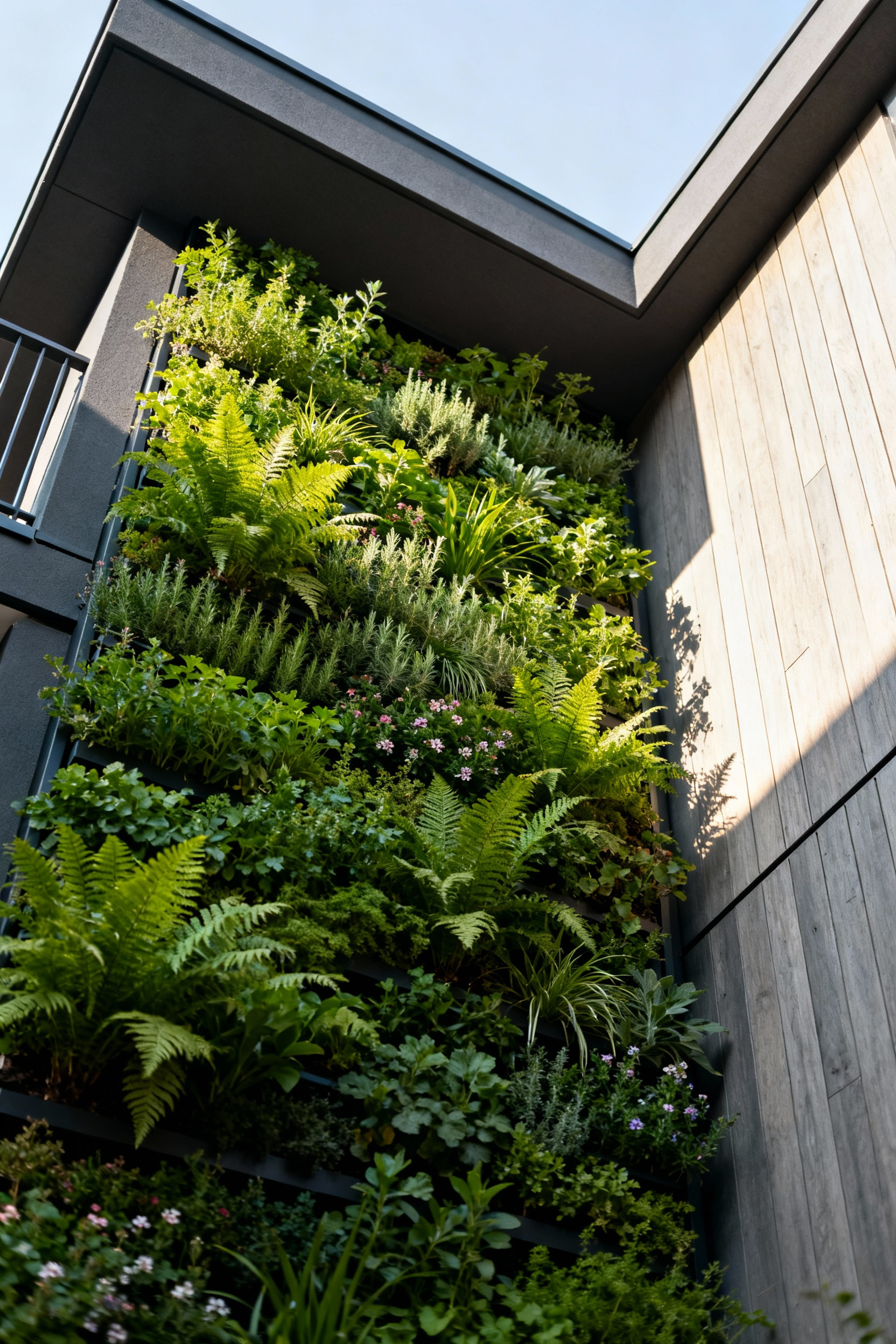 Lush vertical garden system on a modern urban balcony, teeming with green plants and soft morning light, creating a serene green immersion.