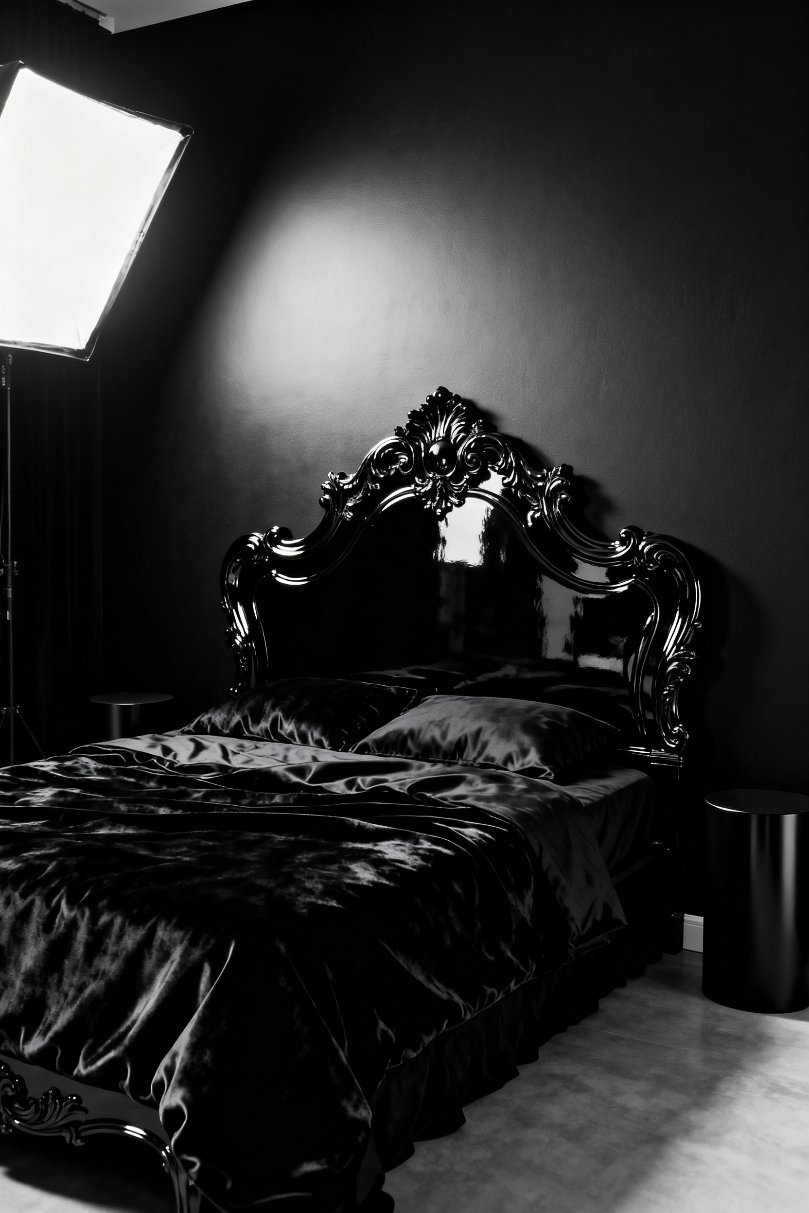 A dramatic black bedroom featuring a massive, ornate Baroque-style headboard refinished in high-gloss black lacquer, set against modern, matte black walls, illustrating Victorian Modern design contrast.