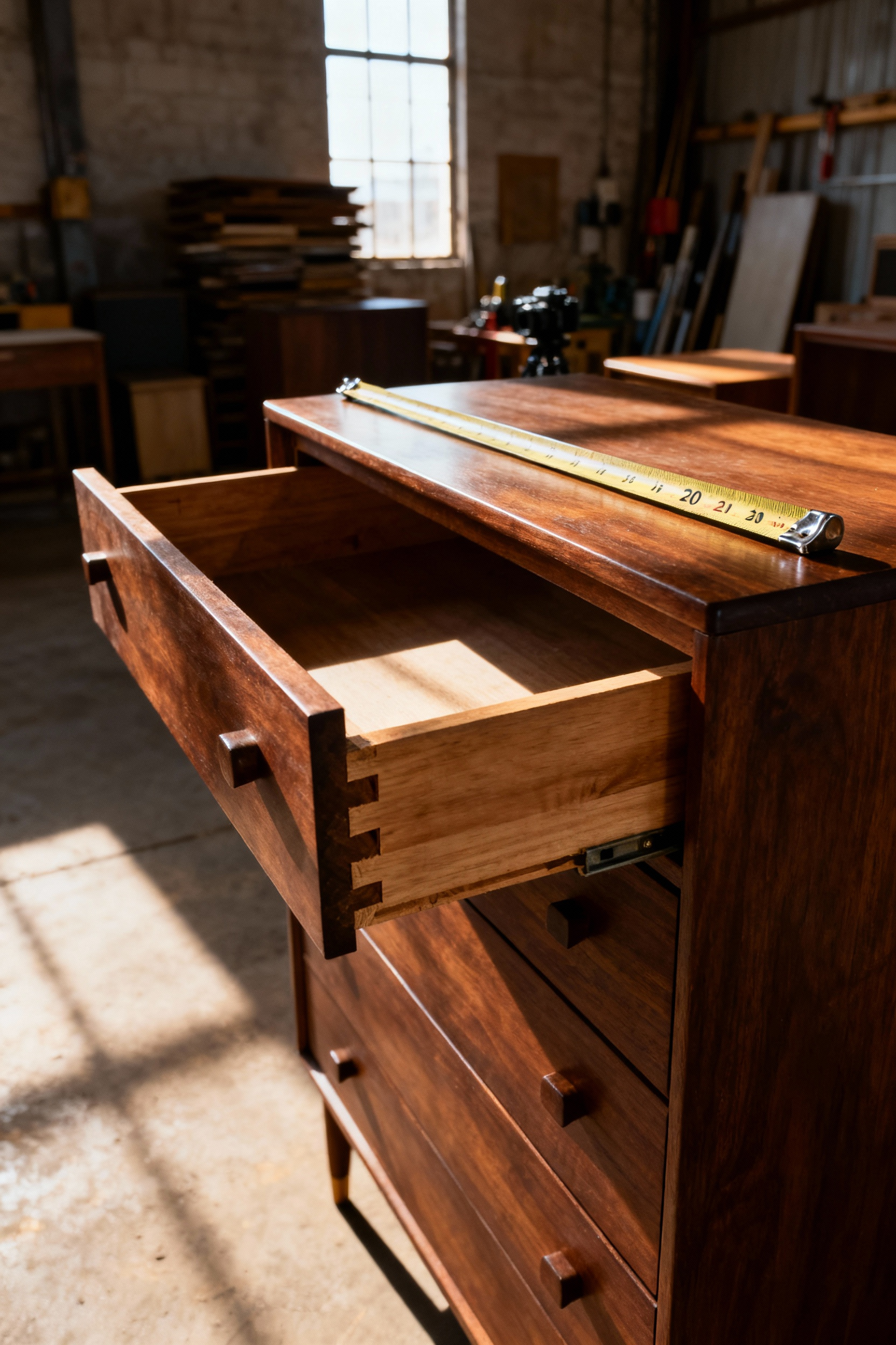 Photograph of a vintage mid-century modern wood dresser being inspected for structural integrity, showing pulled-out drawers with visible dovetail joints and a measuring tape verifying the depth required for a bathroom vanity conversion.