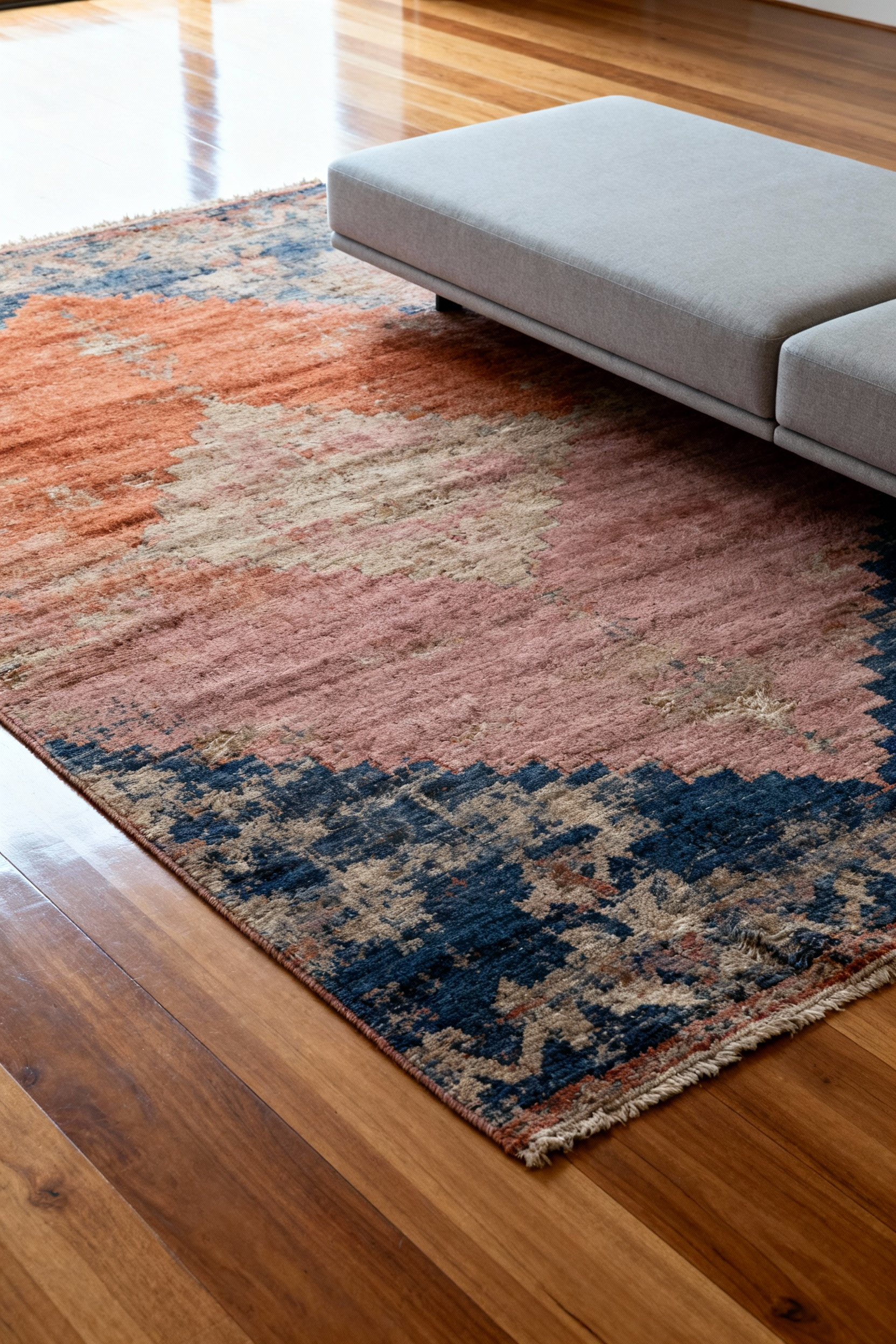 A hand-knotted vintage Oushak wool rug centered on a wide-plank natural oak floor in a modern living room, showing the contrast between soft texture and hard surface.