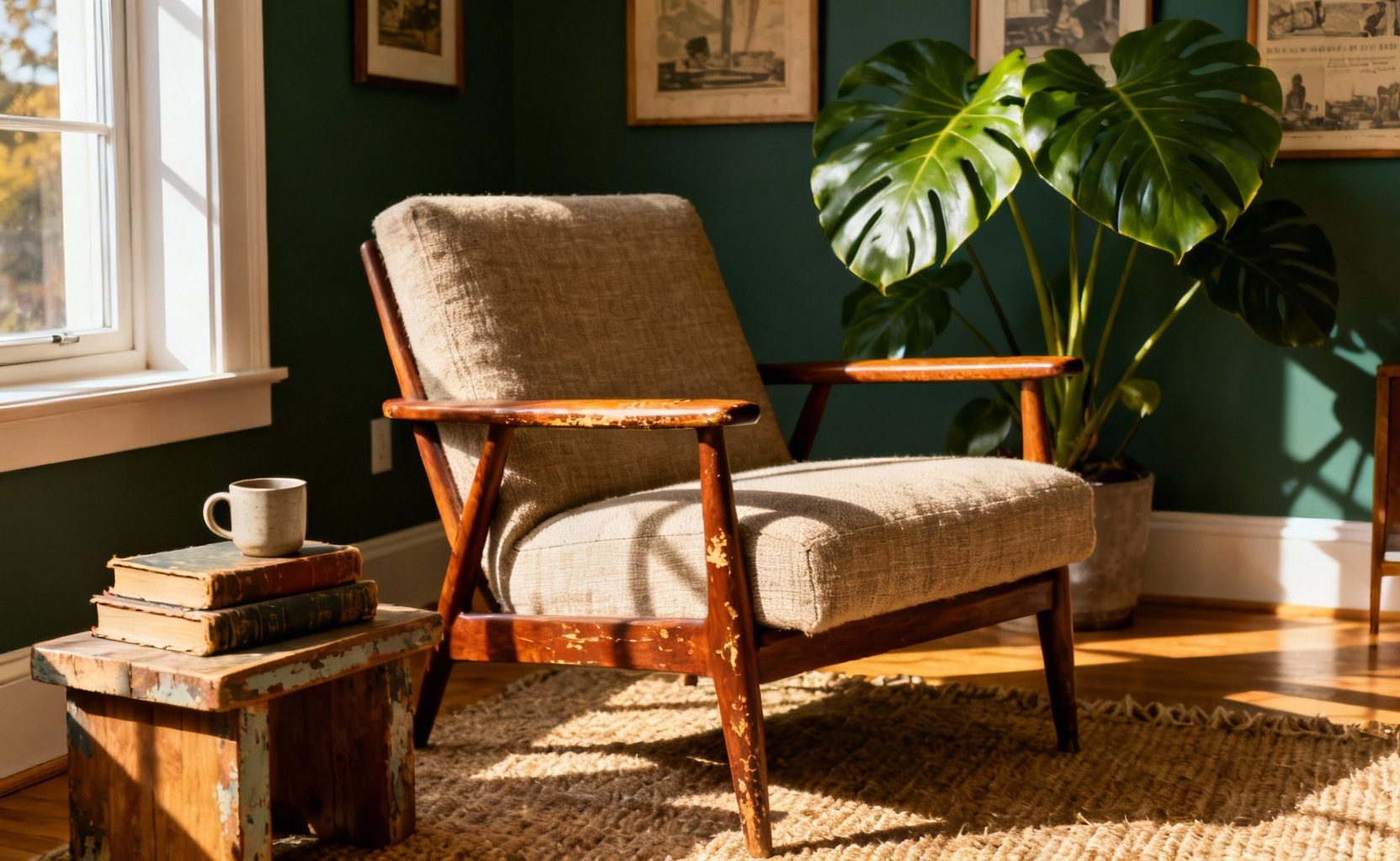 A warm, authentic mid-century modern living room featuring a vintage Danish teak armchair with visible scratches and patina, emphasizing a curated, lived-in style over sterile showroom perfection.
