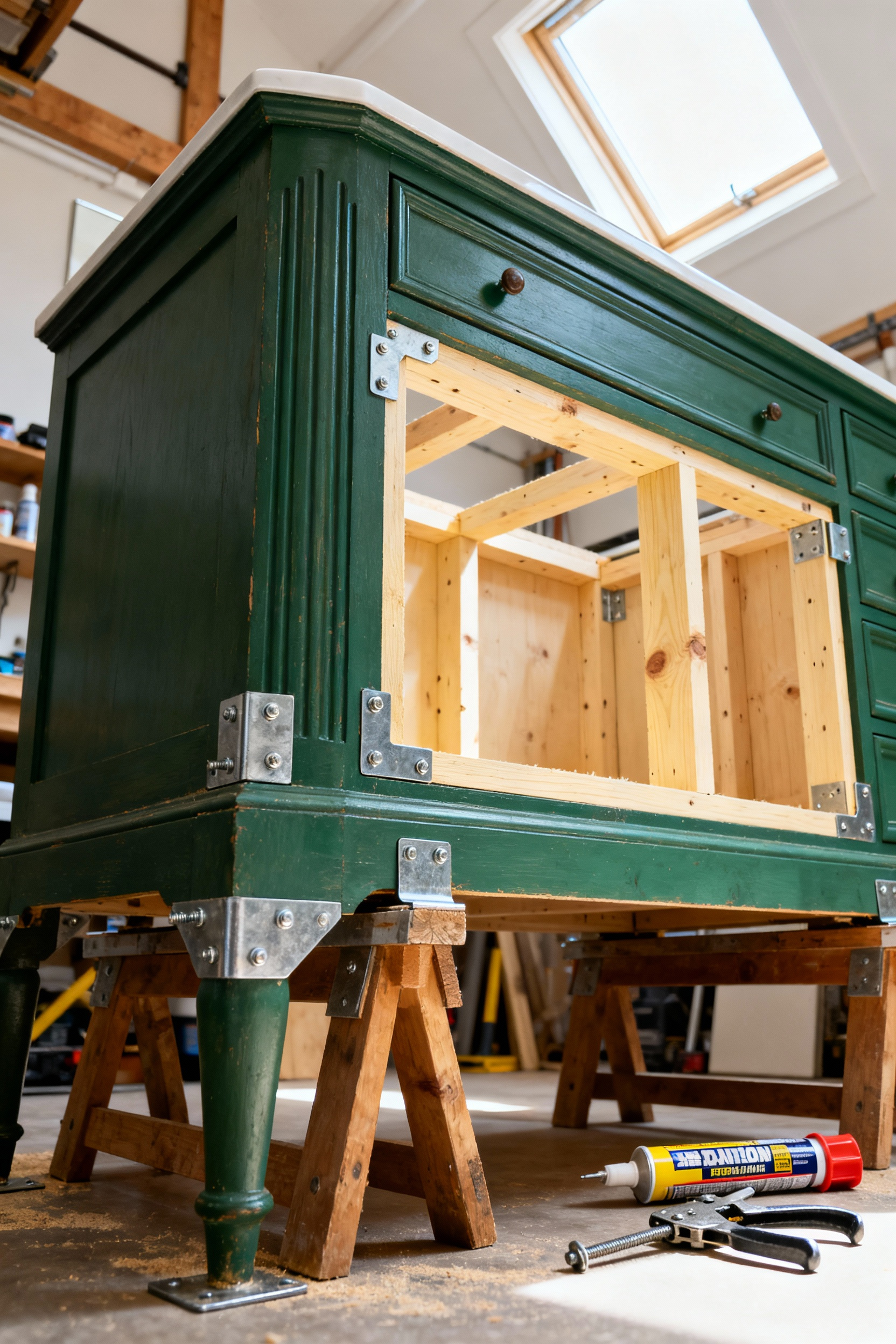 A detailed photograph showing the interior structural reinforcement of a vintage wooden dresser being converted into a bathroom vanity, featuring a newly constructed internal 2x4 lumber sub-frame and heavy-duty metal corner brackets installed to support a future stone countertop.
