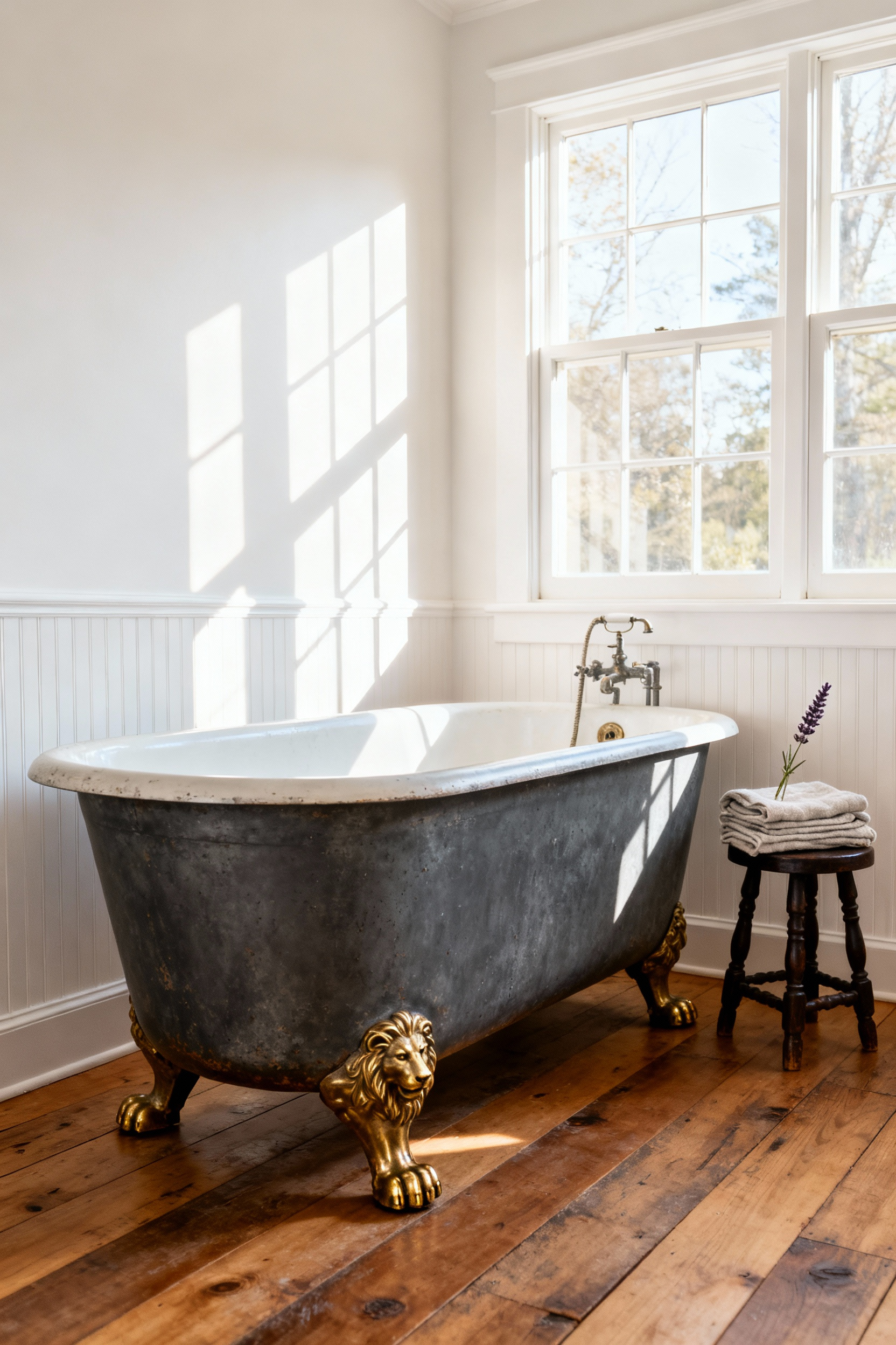 Antique cast iron clawfoot tub with brass feet resting on distressed wooden floor in a rustic country farmhouse bathroom, emphasizing its substantial weight.