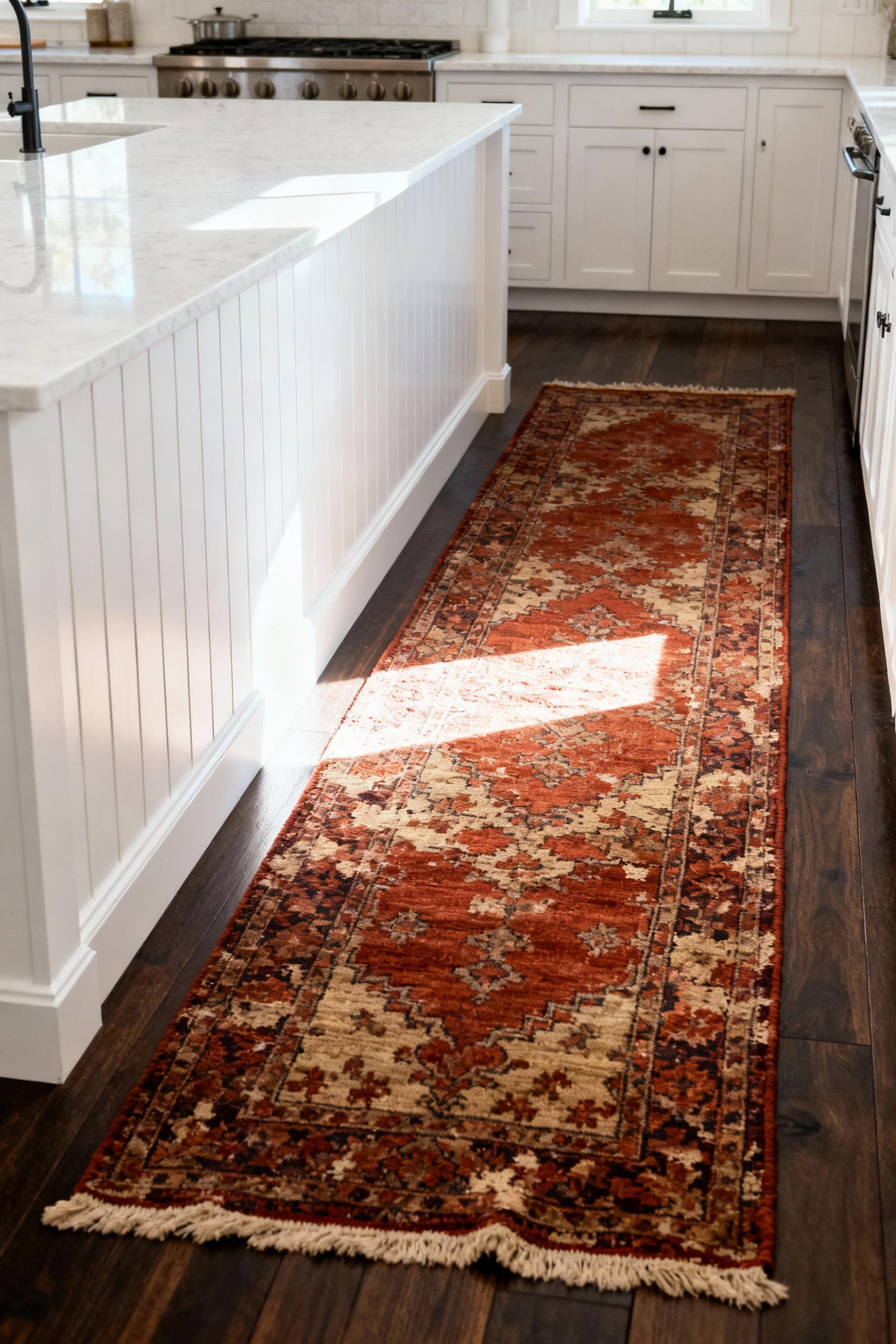 A long, distressed rust-colored vintage Turkish runner laid on a dark wood floor in a crisp white modern farmhouse kitchen with shiplap walls.
