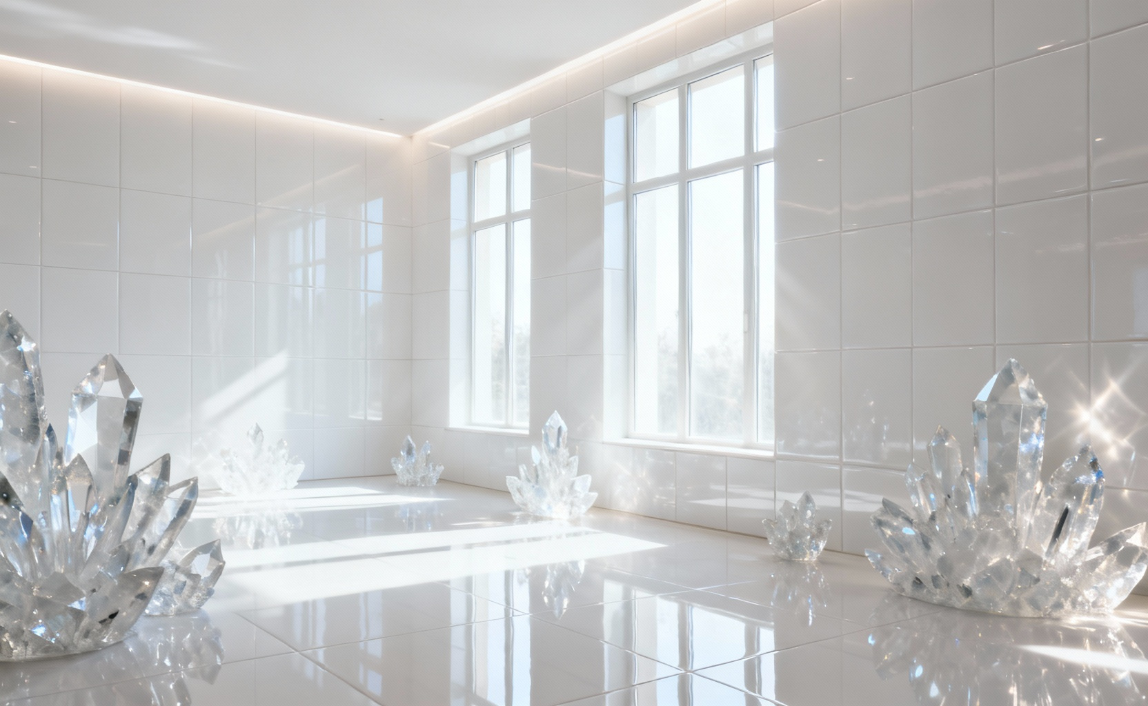 A pristine, minimalist bathroom featuring high-gloss glazed white porcelain tiles reflecting abundant natural light, emphasizing luminous serenity and spaciousness. White bathroom tiles create a bright, clean aesthetic.