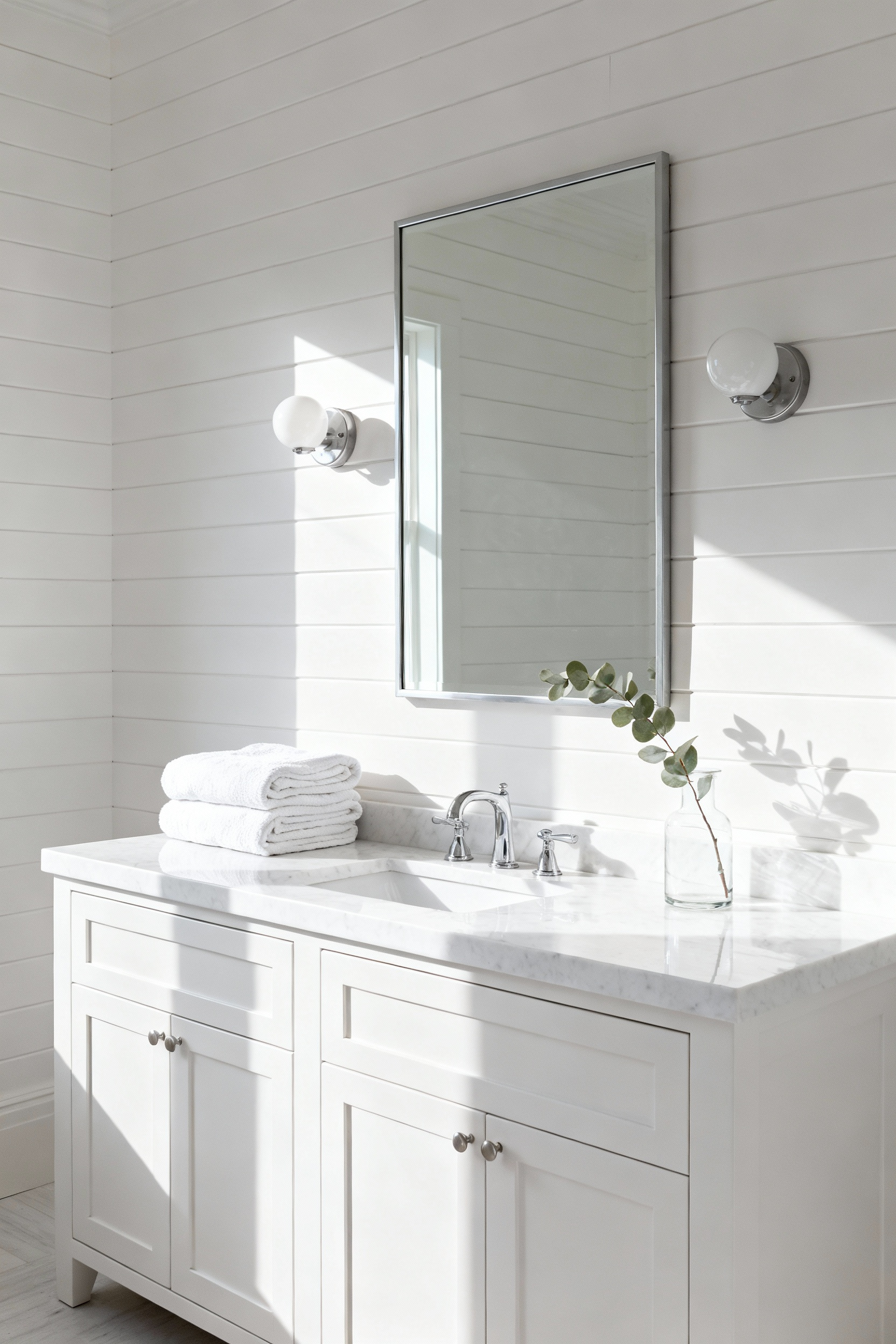 A serene, all-white coastal bathroom featuring a flat-front vanity set against a wall of pure white shiplap paneling. Diffused sunlight casts soft gray shadow lines in the shiplap grooves, providing depth and contrast without adding any pigment.