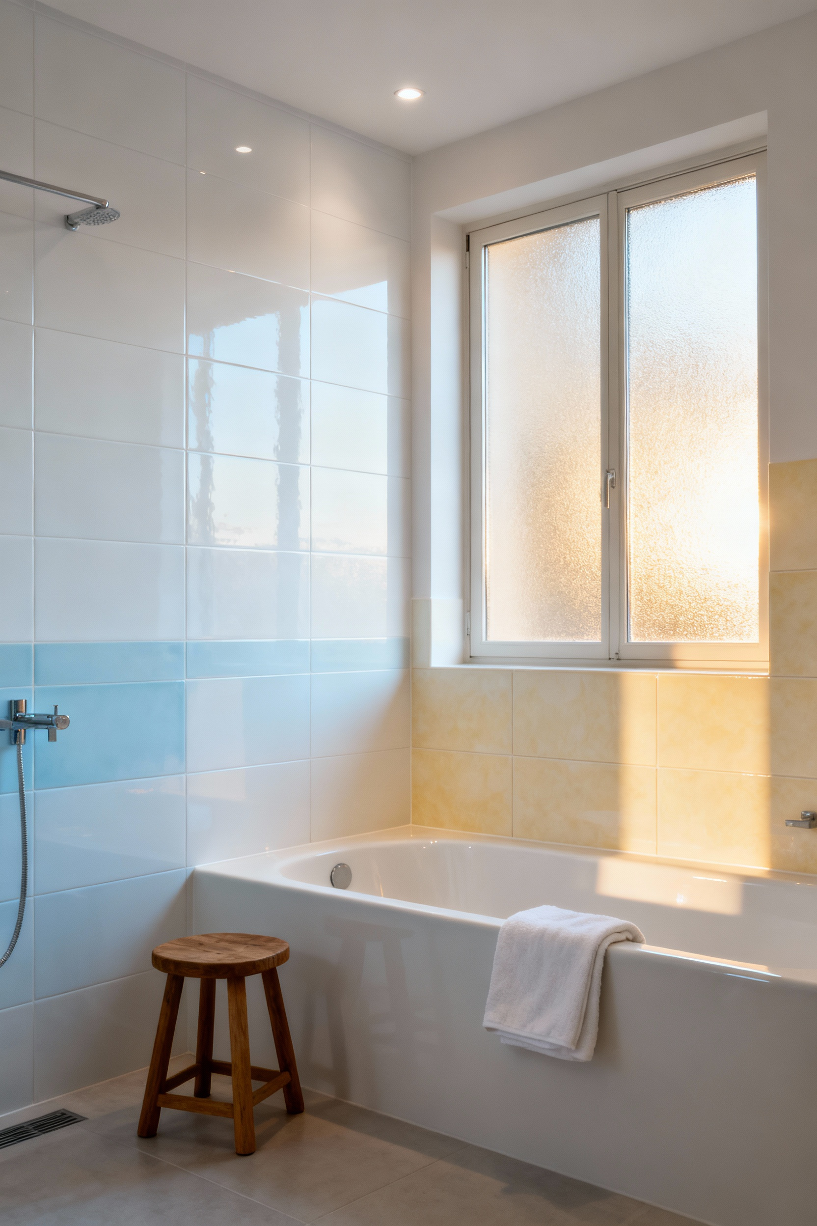 Bathroom interior featuring a clear distinction between warm white ceramic tiles and cool white ceramic tiles, illustrating how different lighting subtly brings out their unique undertones to influence the room's mood and ambiance.