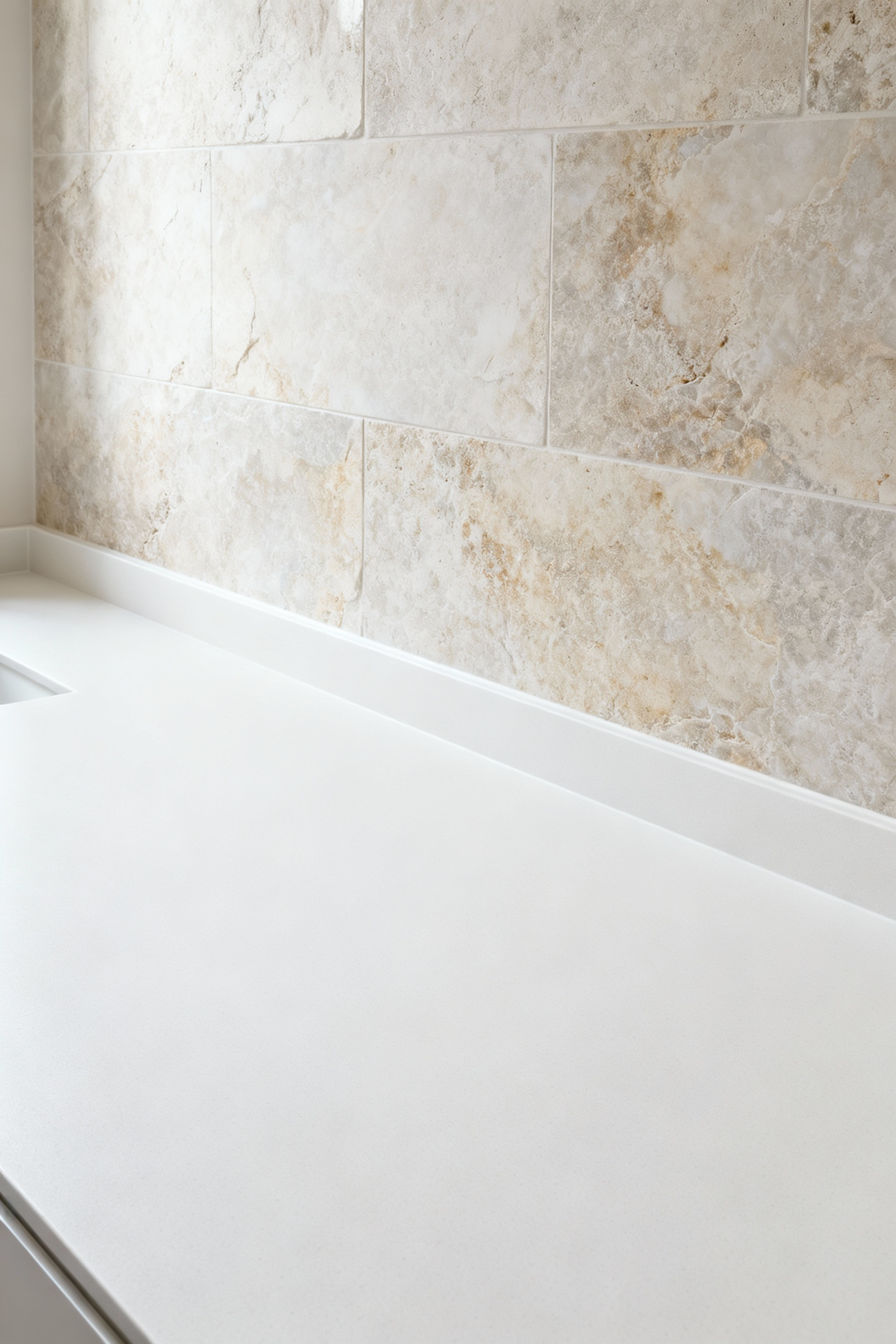 Luxurious white bathroom featuring a subtle natural stone patina on one surface contrasted with a pristine white engineered composite surface, illustrating material evolution.
