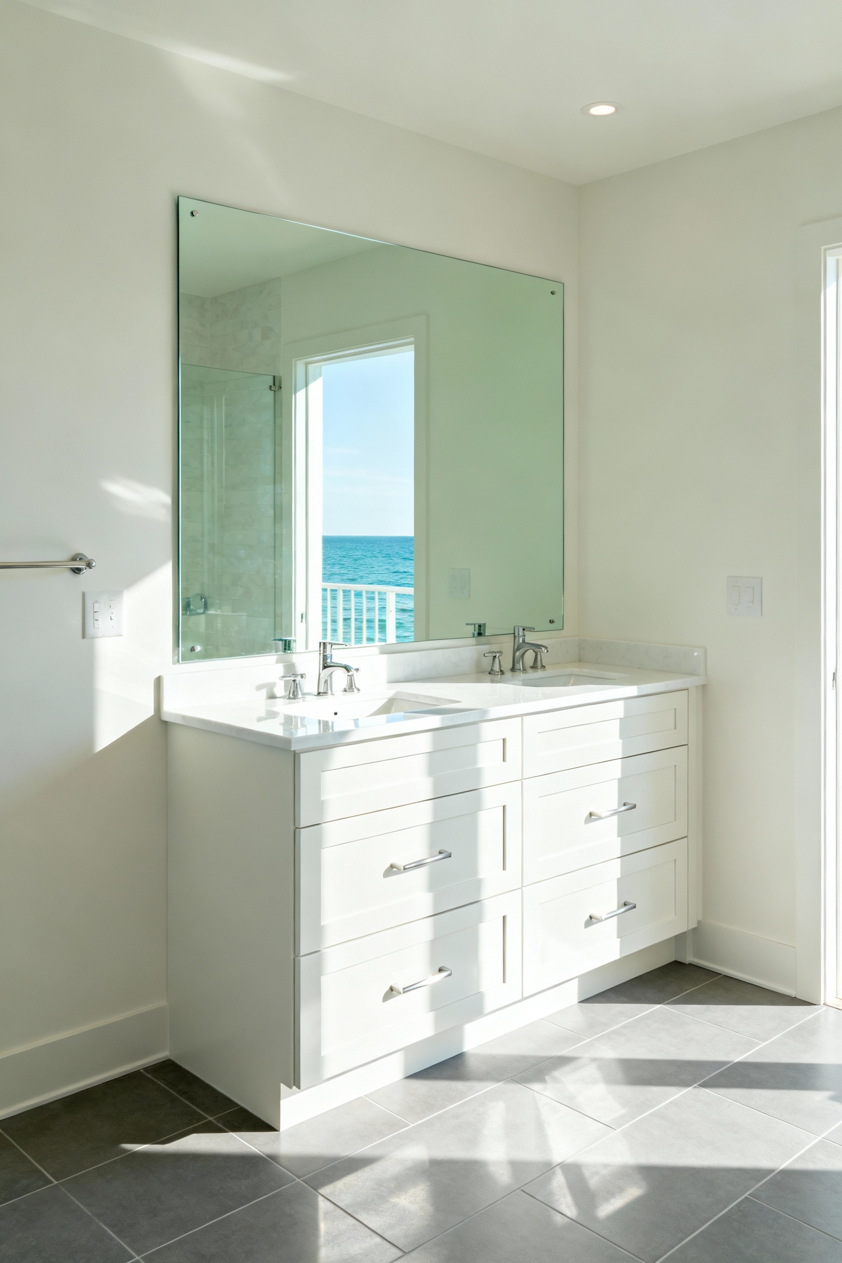 A stunning, high-key photograph of a white shaker bathroom vanity topped with quartz, featuring a large, frameless low-iron HD glass mirror that reflects light with extraordinary clarity, emphasizing true color accuracy and a crisp, airy atmosphere.