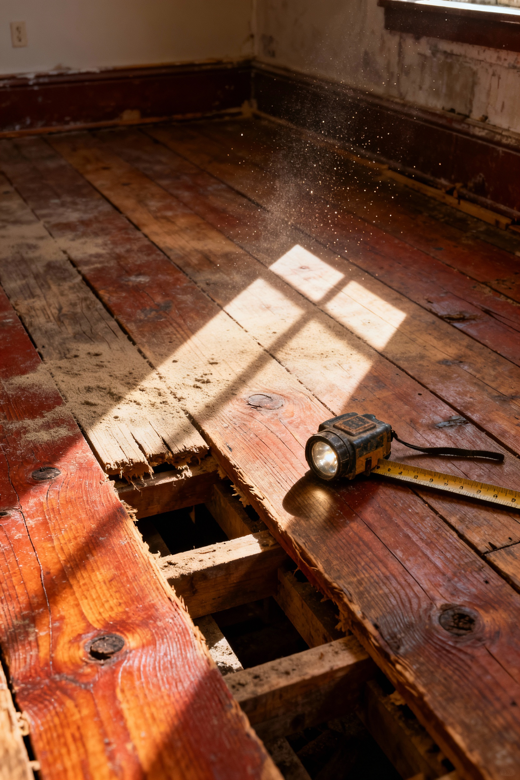 Wide planks of rough-sawn Heart Pine original structural flooring in an old home undergoing restoration, showcasing the natural texture and age of the utilitarian base layer.