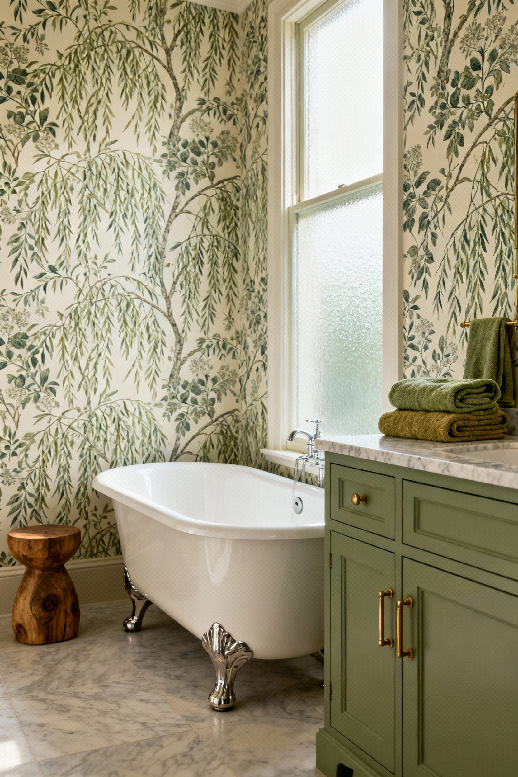 High-end sage green bathroom featuring floor-to-ceiling William Morris 'Willow Bough' botanical wallpaper, a freestanding white bathtub, and brushed brass fixtures, creating an immersive garden room feel.