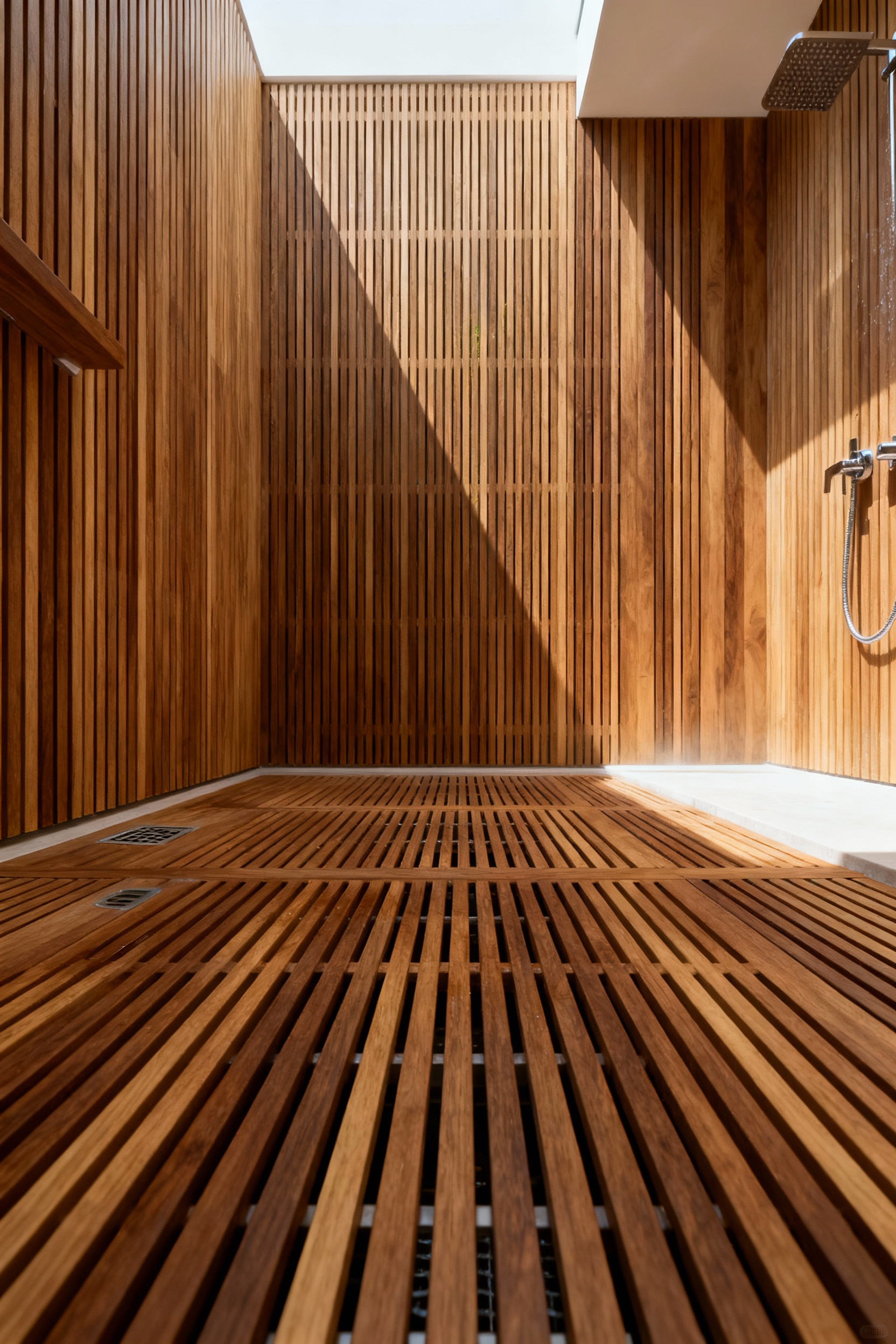 Modern wet room featuring sleek wooden slat paneling and an integrated wooden slat floor for elegant, hidden drainage, designed for a serene biophilic bathroom.