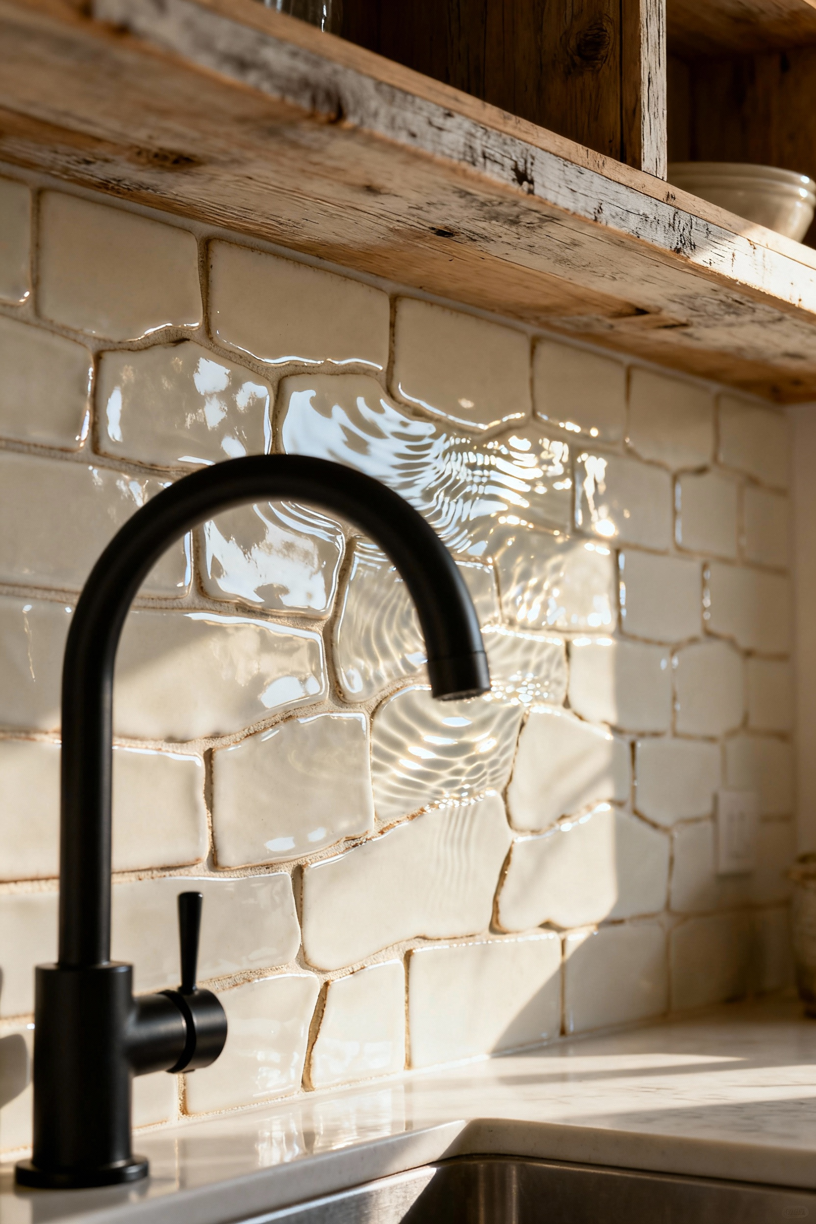 Close-up image of irregular, off-white handmade Zellige tiles used as a modern farmhouse kitchen backsplash, reflecting natural light beautifully.