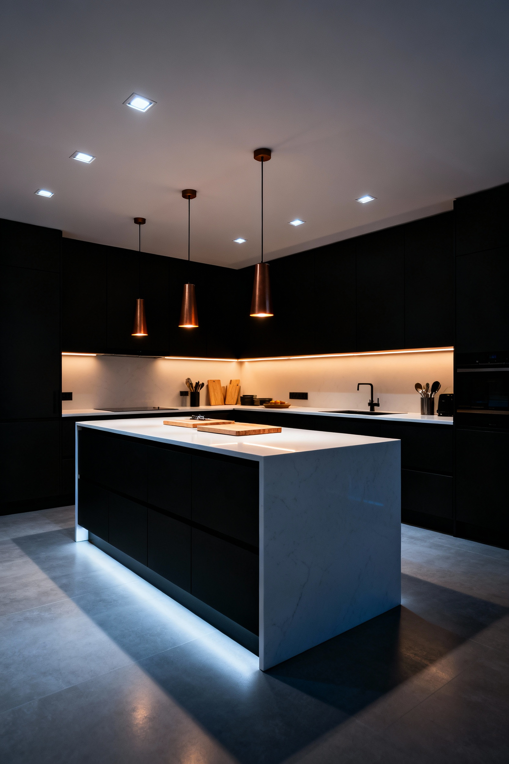 A professional interior photograph illustrating poor kitchen lighting design; symmetrical overhead recessed cans cast shadows on the countertop while warm, shadow-free task lighting under the cabinets proves the functional superiority of zoned kitchen lighting.