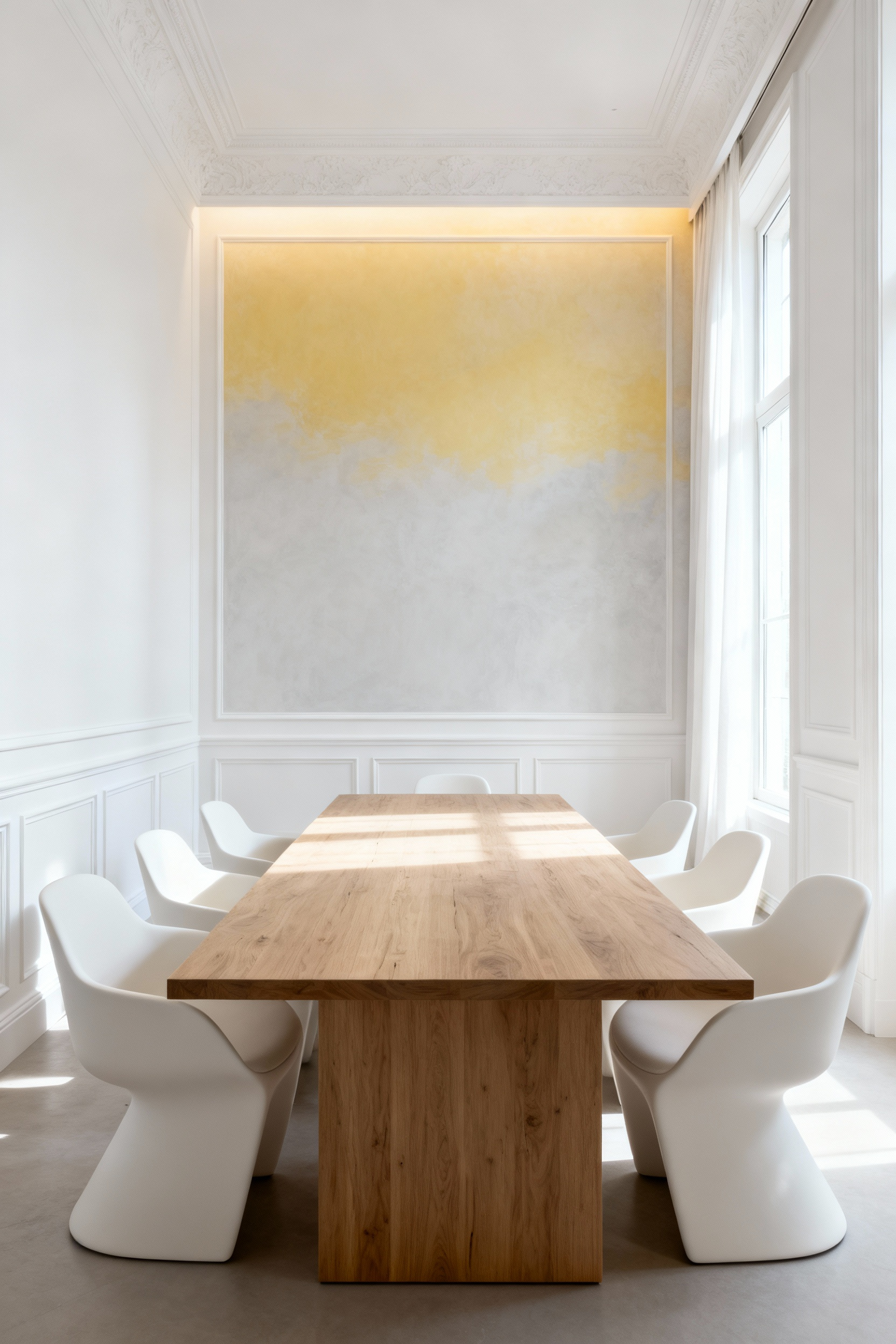 A high-resolution photograph of a minimalist white dining room split between warm white paint (yellow undertone) and cool white paint (blue undertone) to illustrate the difference between Alabaster and Chantilly Lace.