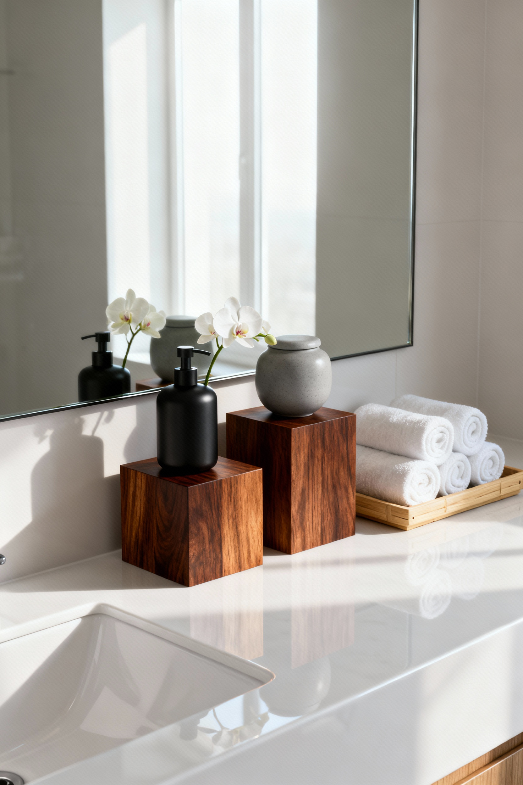 Teak and bamboo risers creating varied height and warmth on a sterile white bathroom counter, holding minimalist accessories in a spa-like setting.