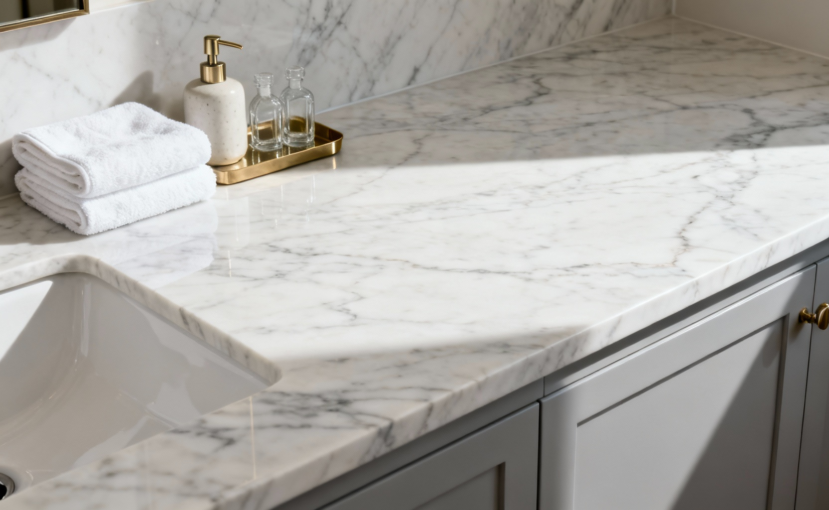 A modern, visually balanced bathroom vanity featuring a white marble countertop styled meticulously to the 60/40 rule, leaving a significant portion of the surface empty.