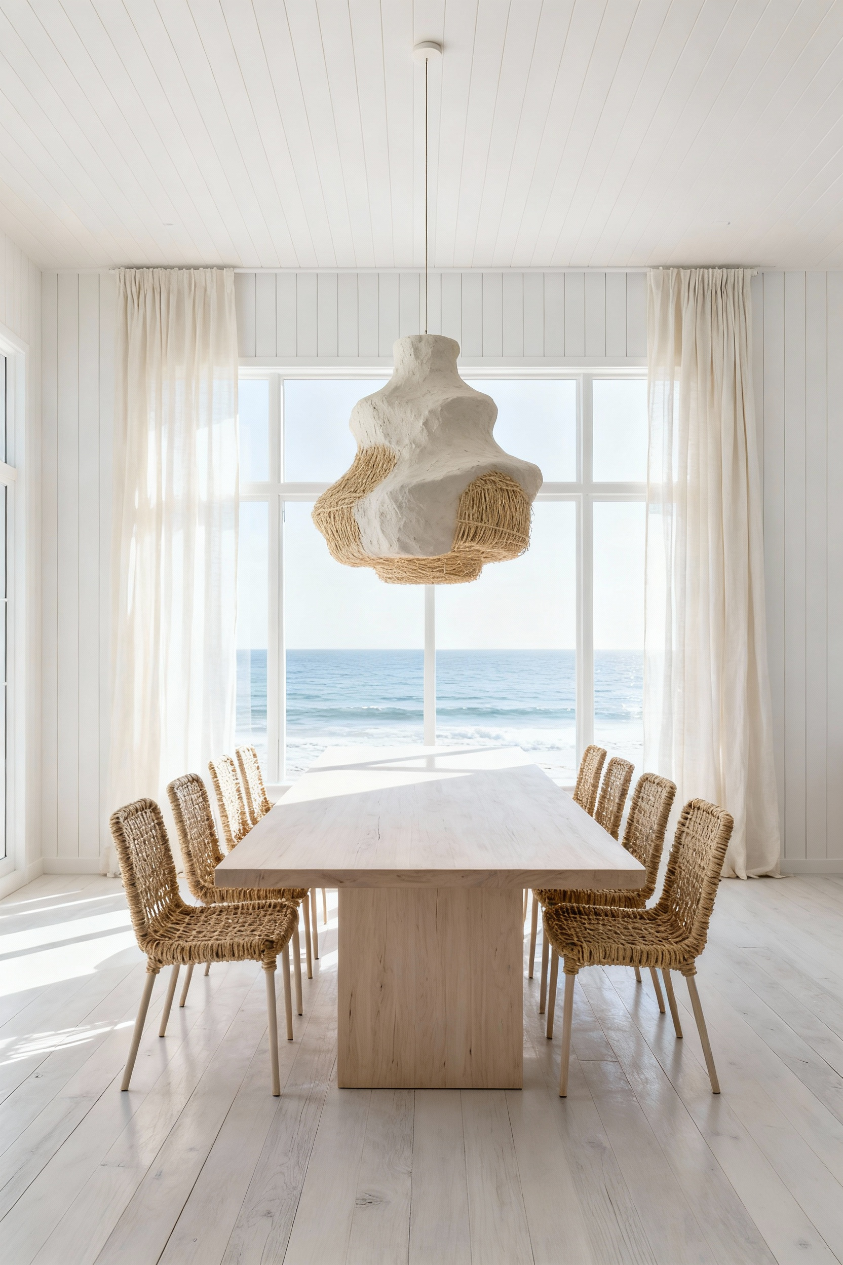 A bright, expansive coastal contemporary dining room featuring layered white textures, a bleached wood table, and woven rattan chairs, maximizing natural light reflection.