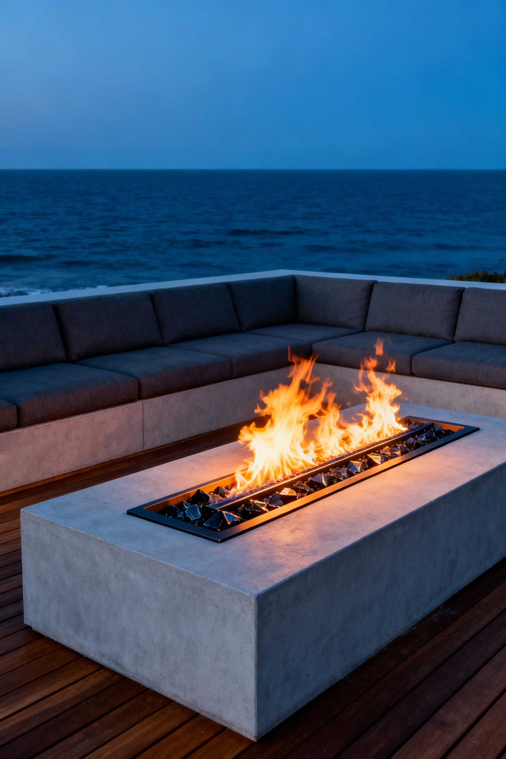 A sophisticated outdoor deck scene at twilight featuring a long, active gas linear burner fire pit integrated into a concrete seating area, designed to provide radiant heat for extending the coastal living season.