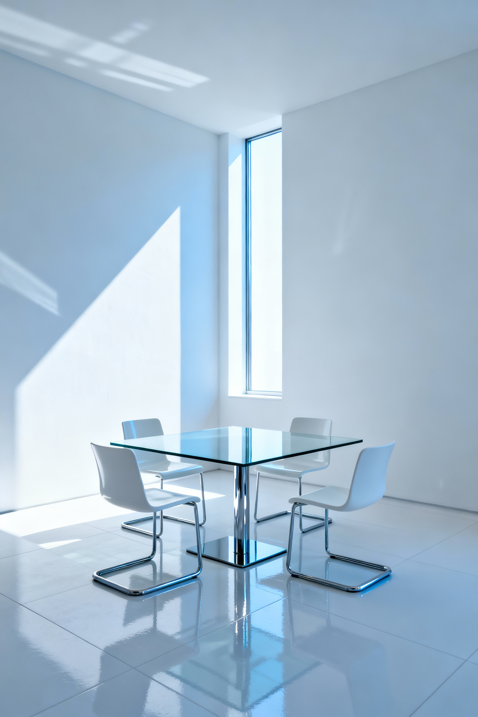 A sterile, modern white dining room featuring stark white walls with a blue undertone, a rectangular glass dining table, and chrome-framed chairs, emphasizing the cold and uninviting atmosphere caused by harsh lighting and hard surfaces.