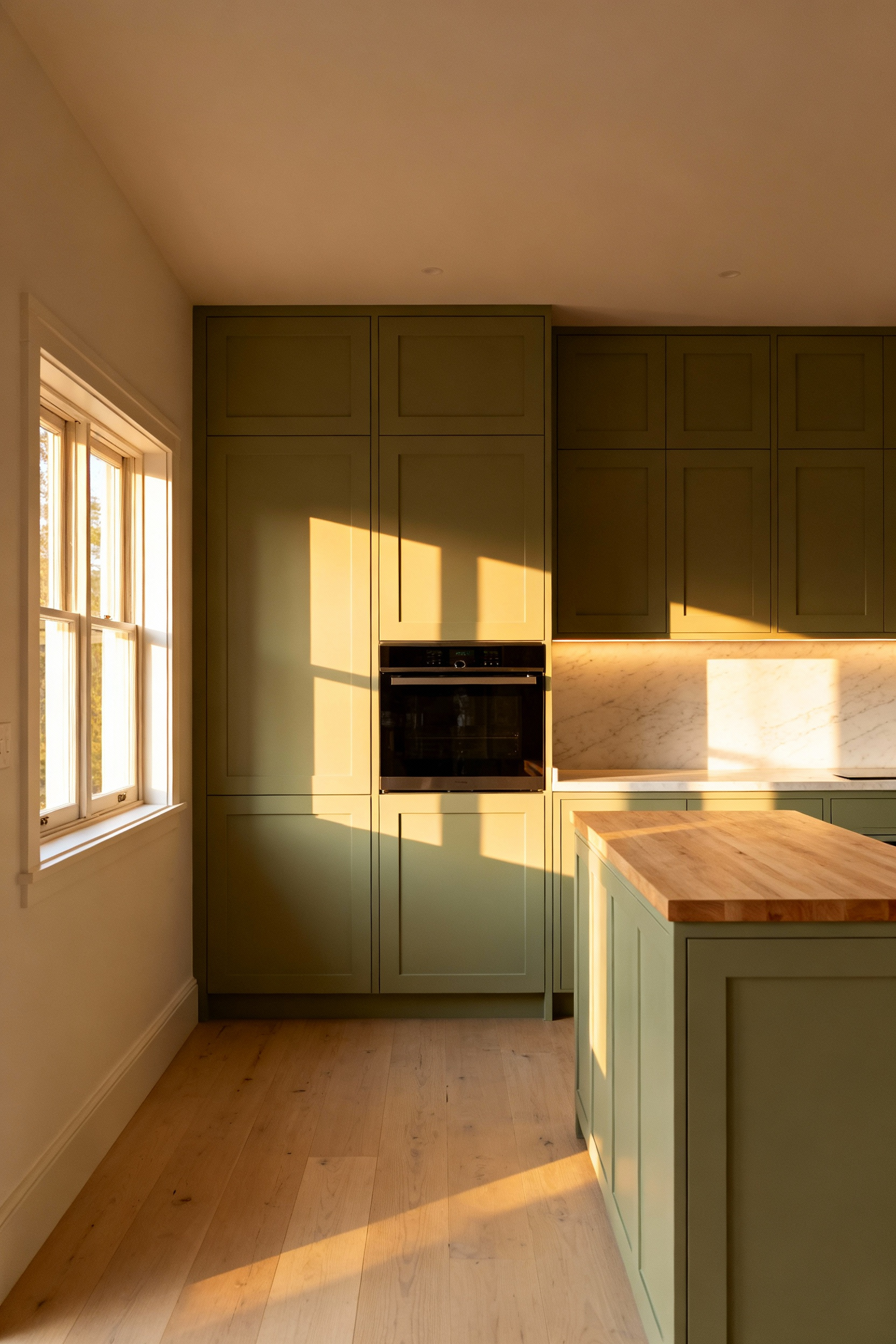 Small cottage kitchen featuring quiet luxury design, where all modern appliances are concealed behind integrated sage green custom cabinetry panels to maintain a serene, seamless aesthetic.