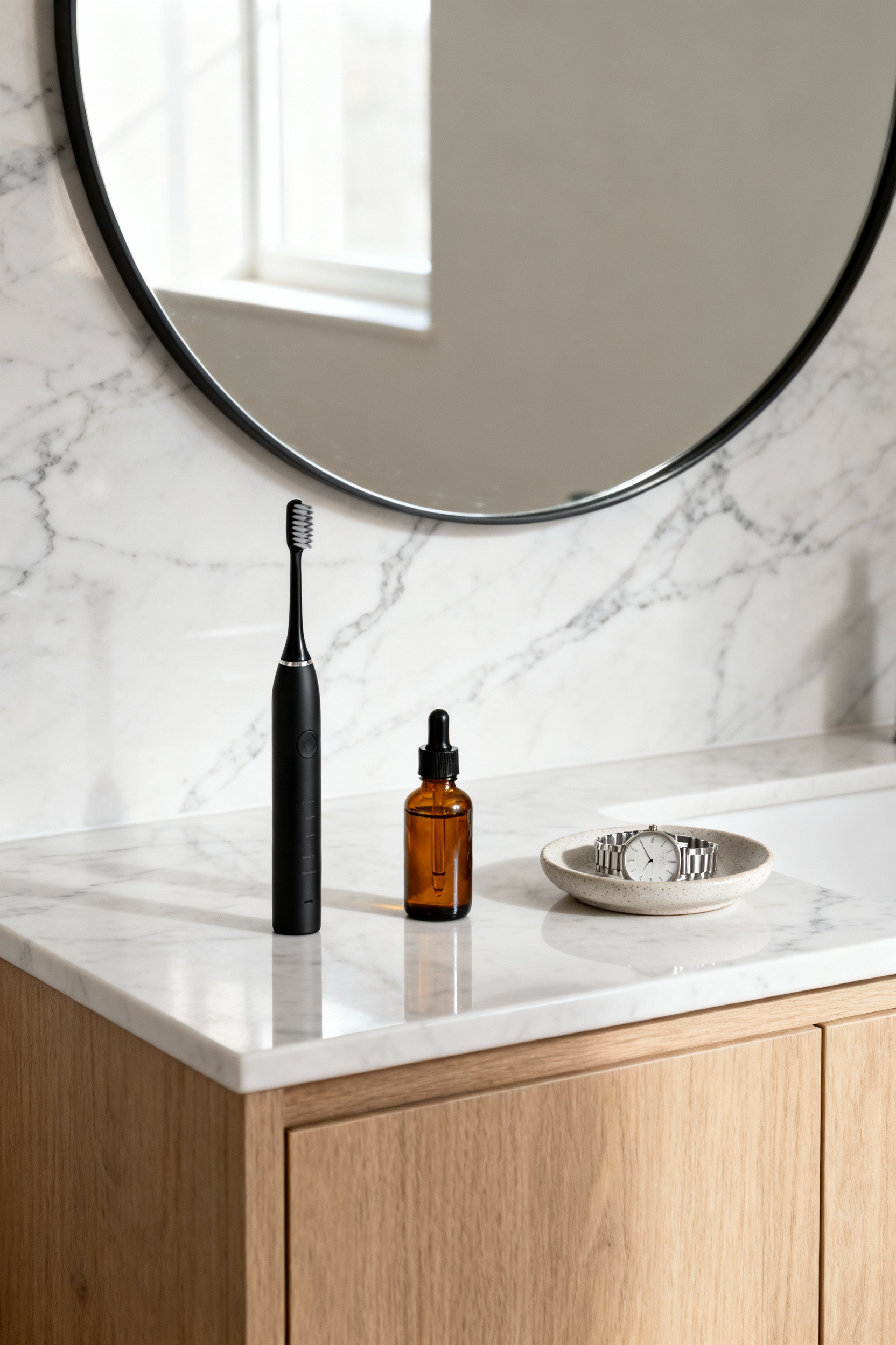 A minimalist bathroom counter featuring only three items (toothbrush, oil bottle, watch) arranged neatly on a pristine white marble surface under soft natural light, illustrating organization.