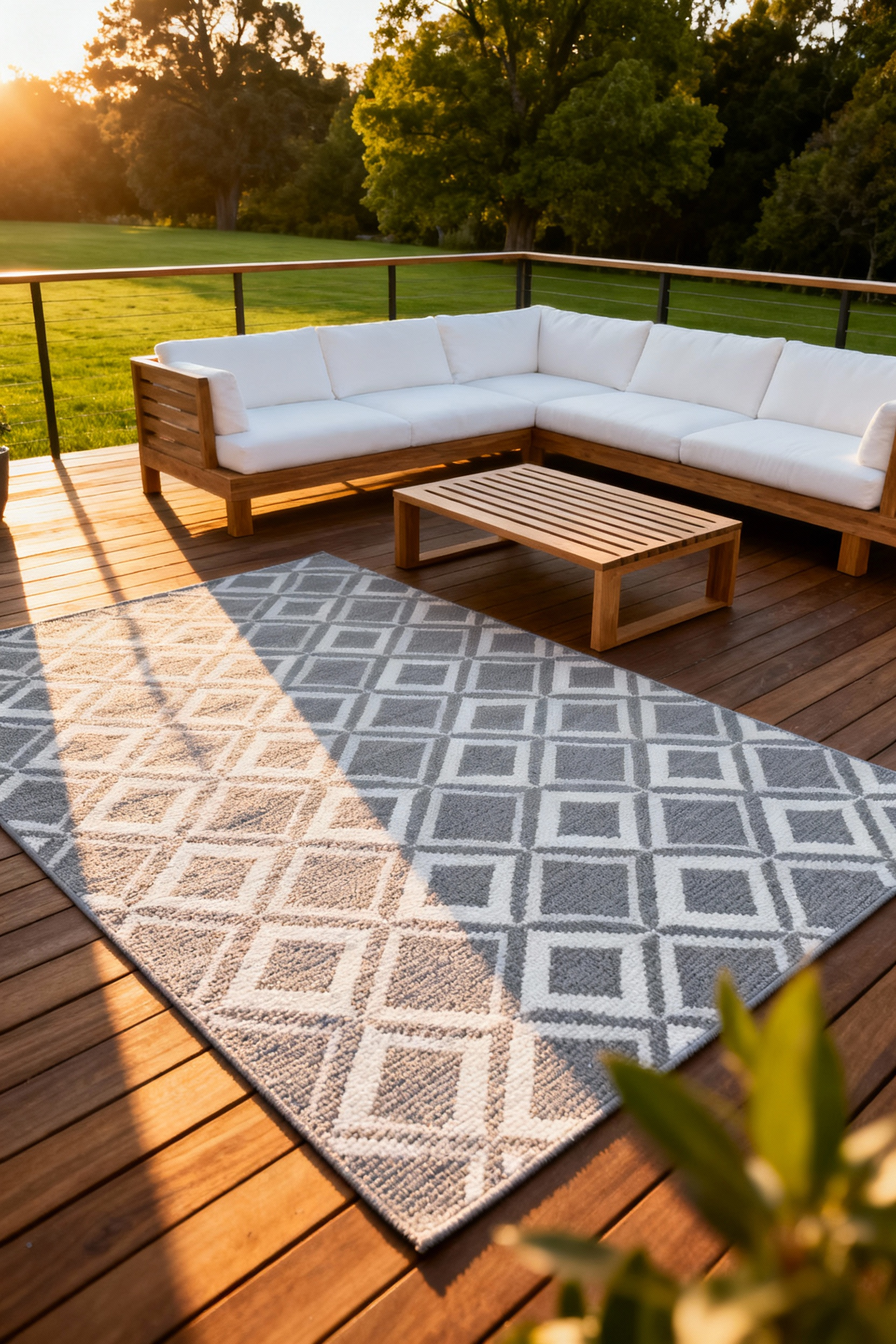 A photograph of a beautifully styled backyard deck showing a defined conversation zone created by a large, quick-dry polypropylene rug placed under modern outdoor sectional seating.