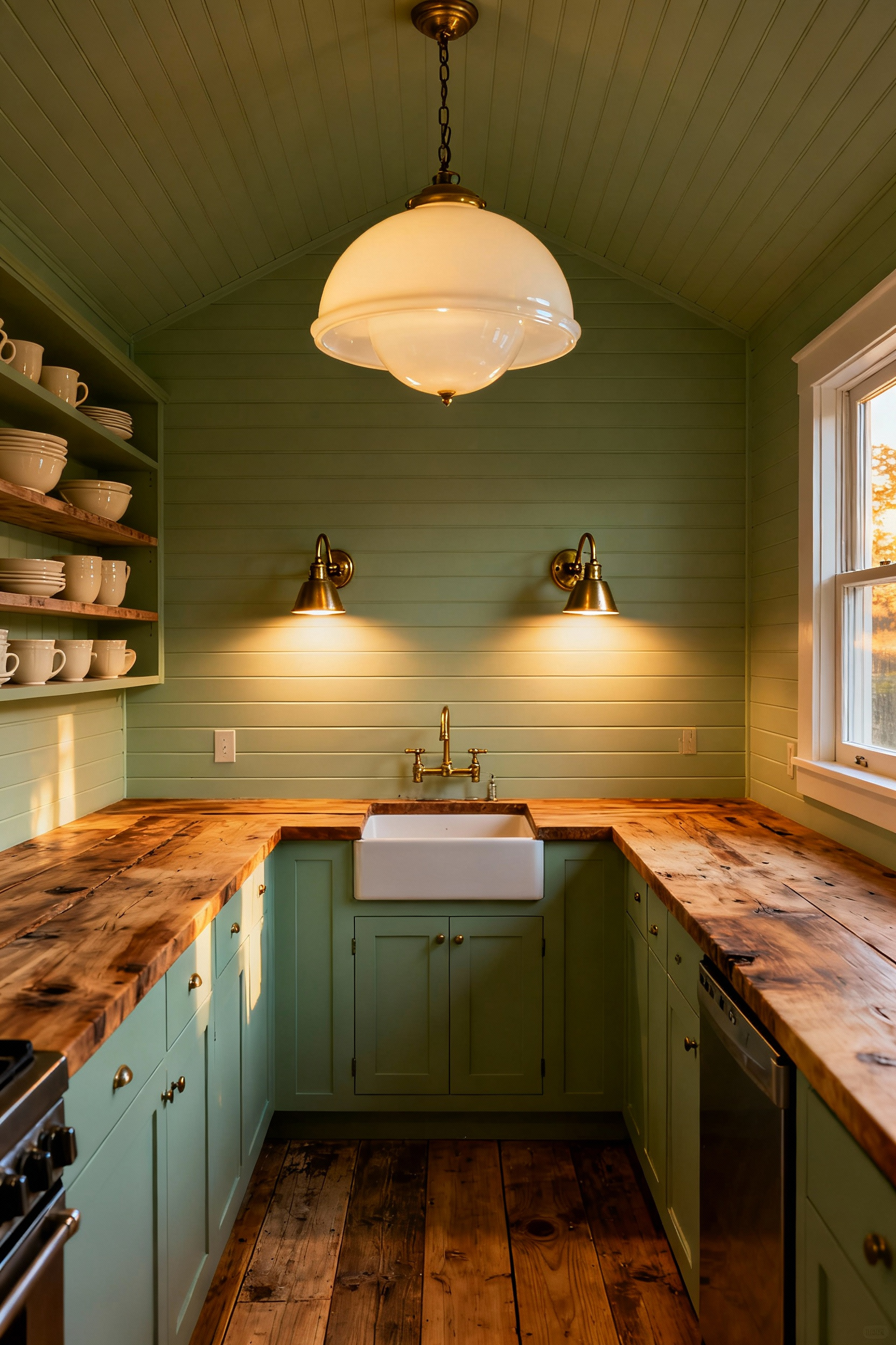 A compact, rustic cottage kitchen illuminated by a central milk glass pendant light and focused antique brass wall sconces, showcasing soft, diffused warm ambient light ideal for a small space.