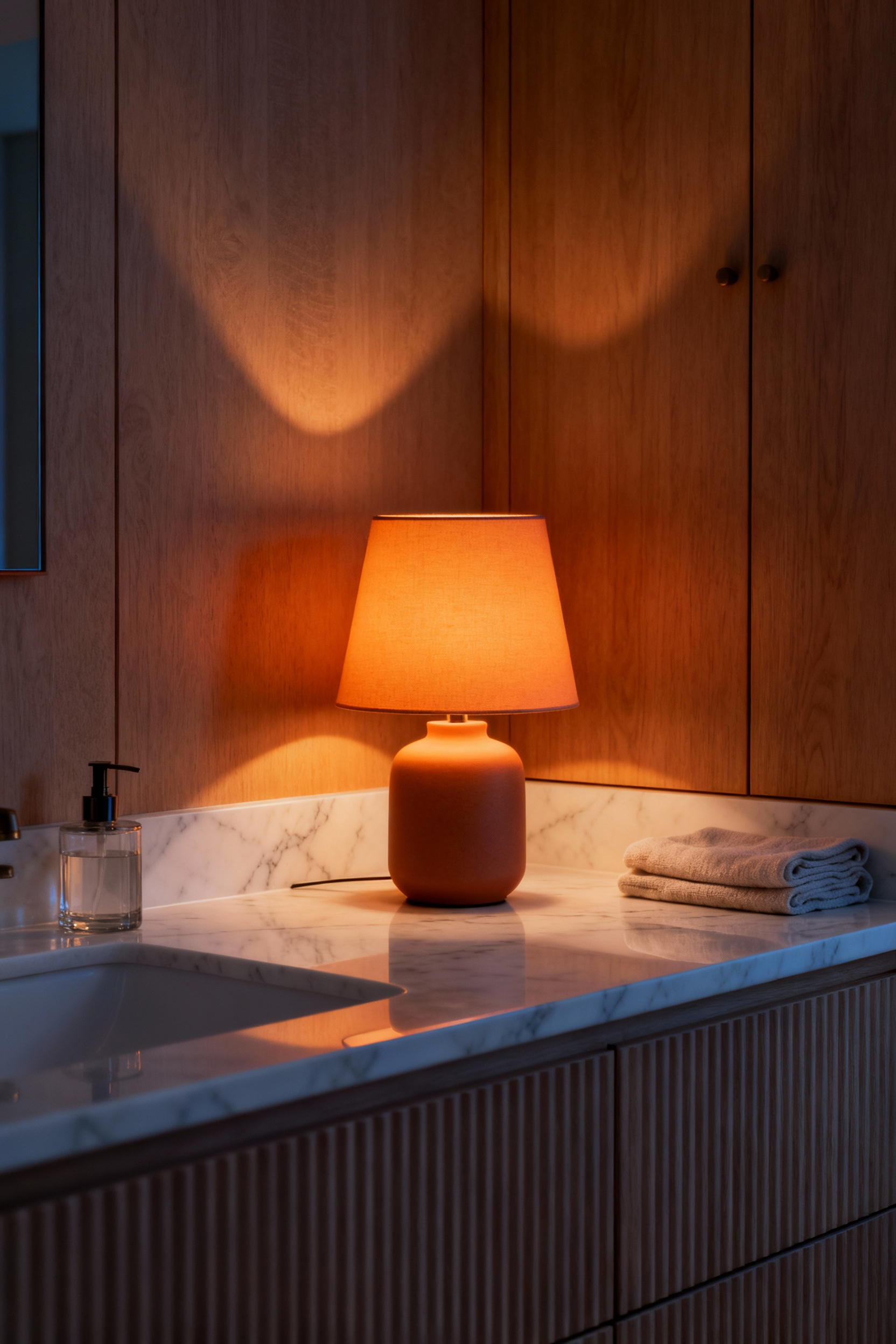 A modern bathroom counter at night illuminated solely by the warm, amber light of two small rechargeable lamps, demonstrating soft illumination therapy and sleep-friendly decor.