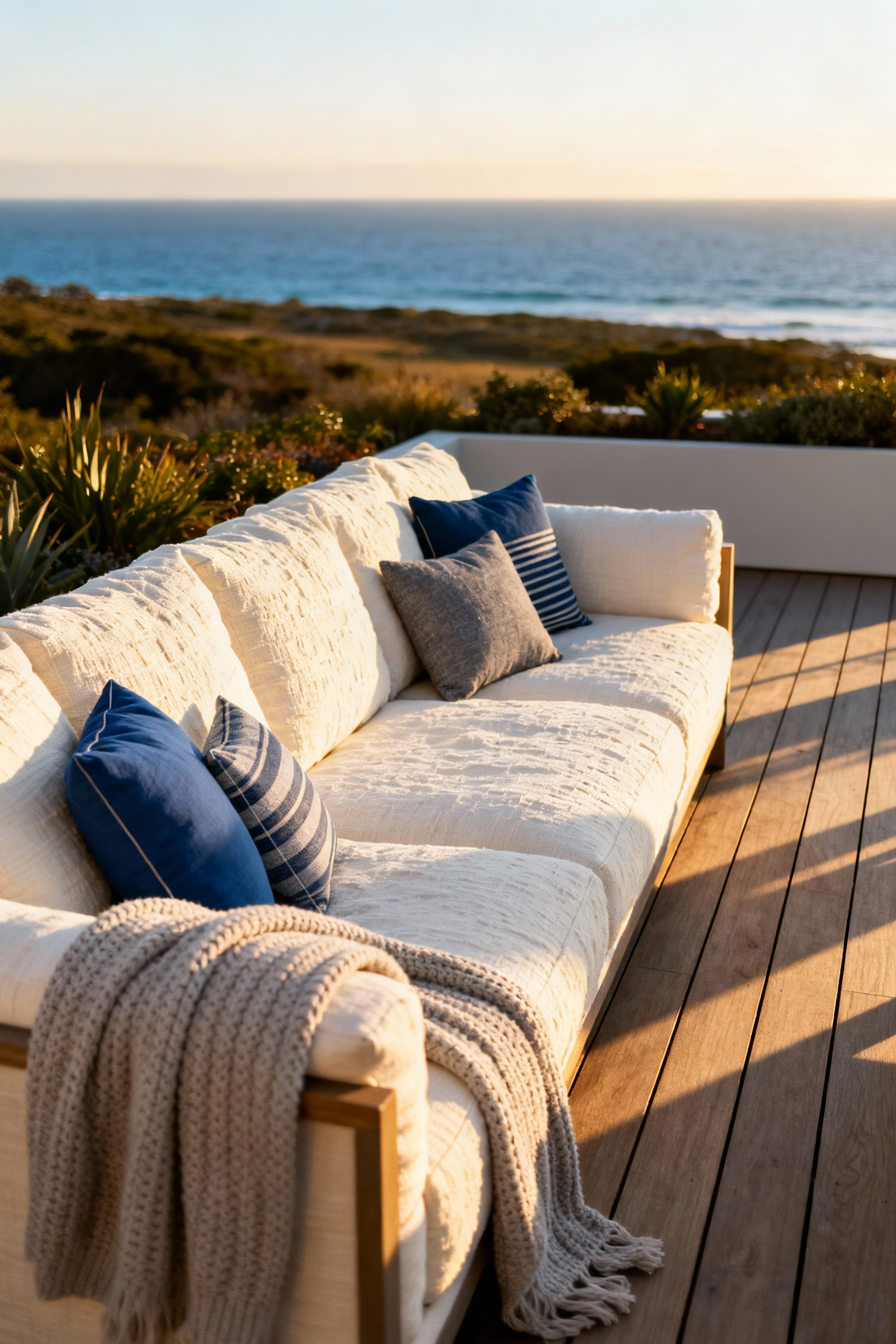A luxurious, deep-seated outdoor sectional sofa upholstered in plush, cream-colored performance fabric on a large wooden deck during golden hour, illustrating high-end, weather-resistant textiles.