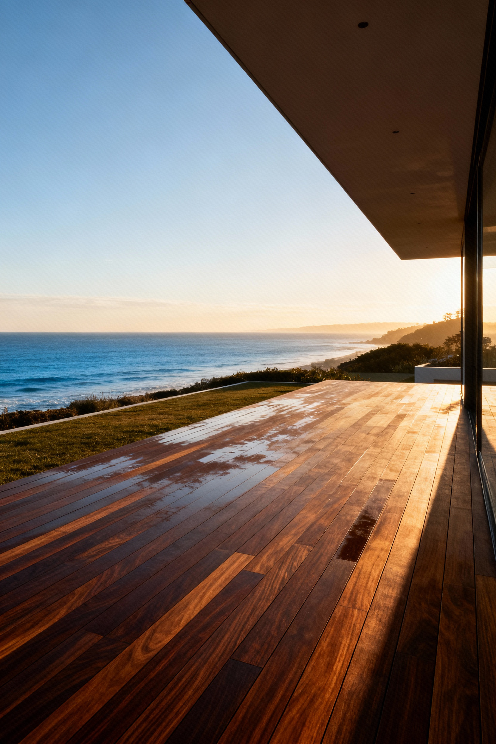 A photograph of a luxurious Ipe hardwood deck in a coastal backyard setting, illustrating the dense, durable material known as ironwood.