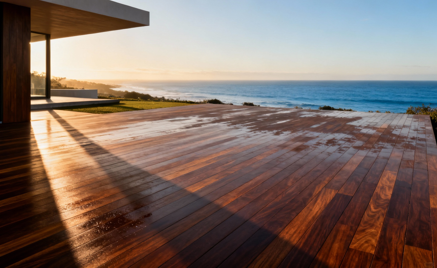 A photograph of a luxurious Ipe hardwood deck in a coastal backyard setting, illustrating the dense, durable material known as ironwood.