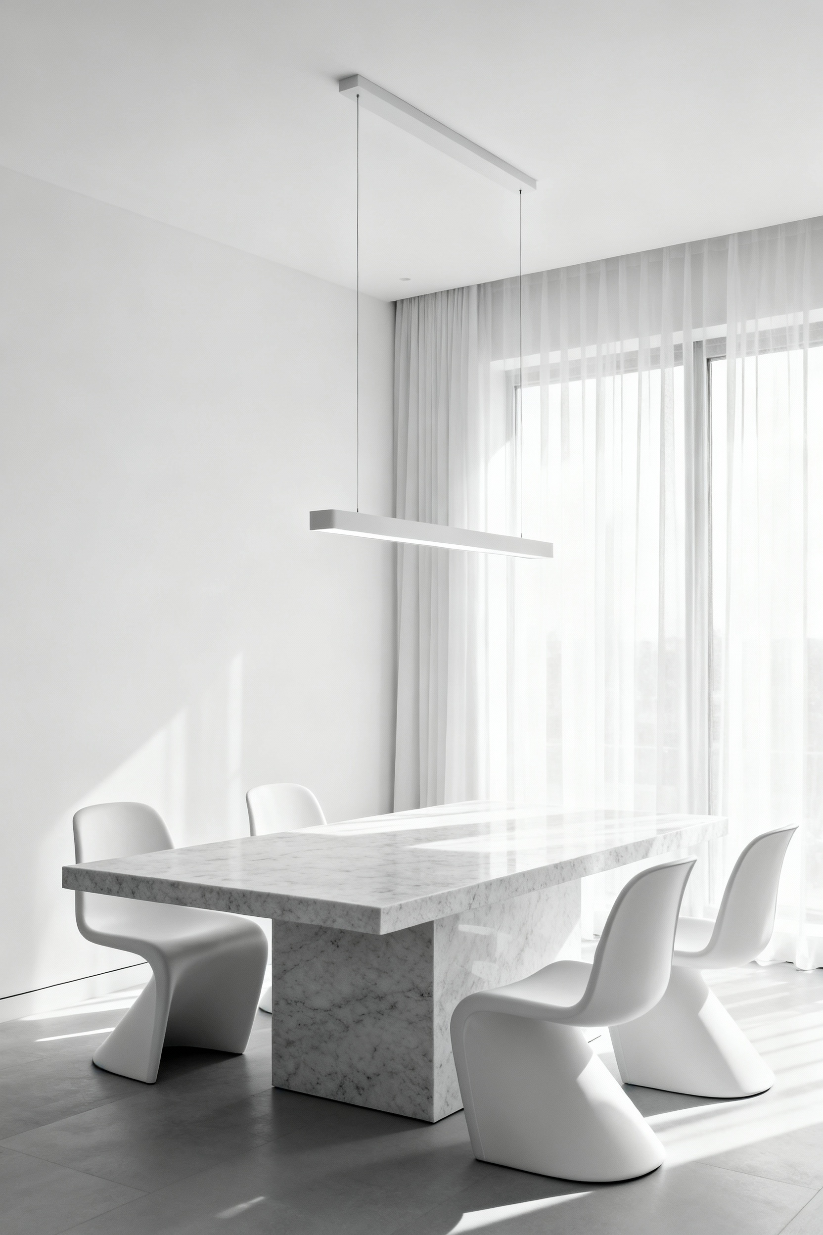 A monochromatic white dining room featuring a large honed matte white marble table under diffused natural light, emphasizing the lack of reflective glare on the surfaces.