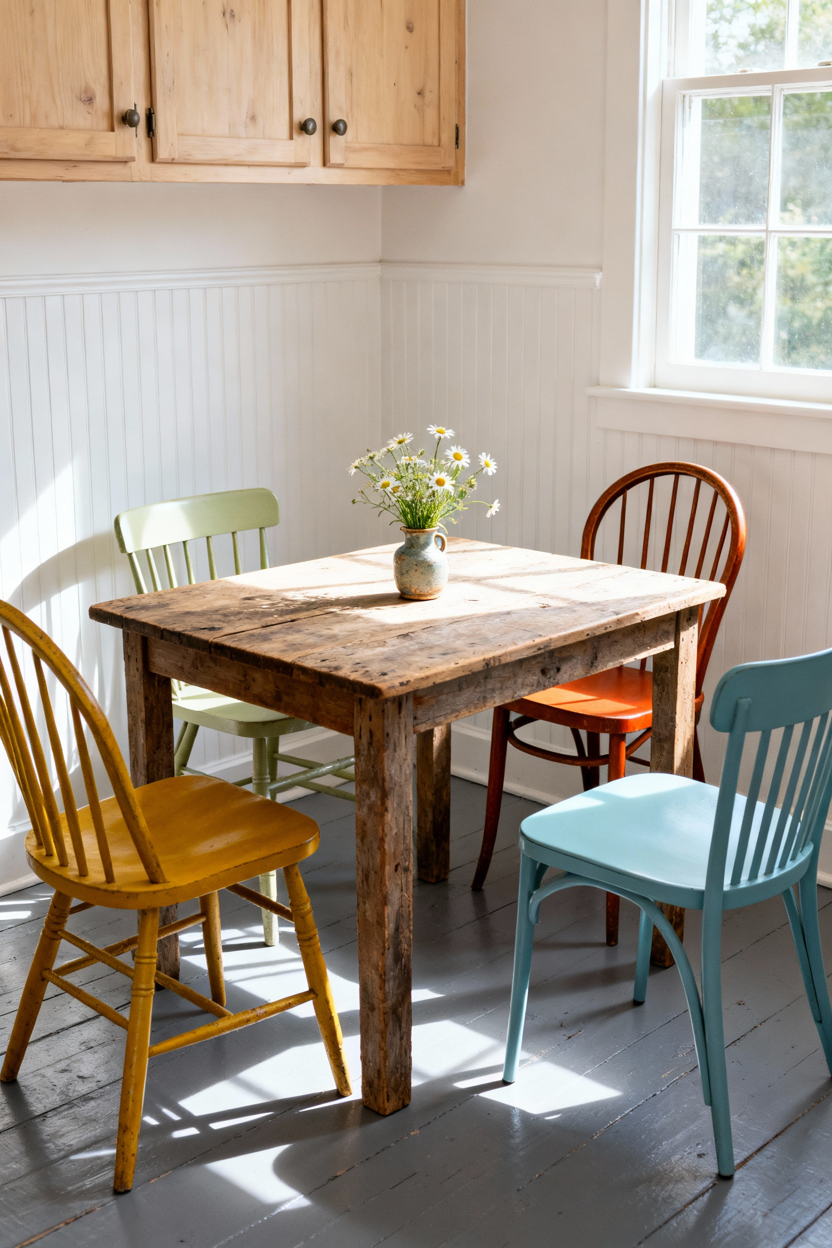 A small cottage kitchen dining area featuring a worn wooden table and four intentionally mismatched chairs unified by a cohesive retro color palette of avocado green, mustard yellow, and rusty orange.