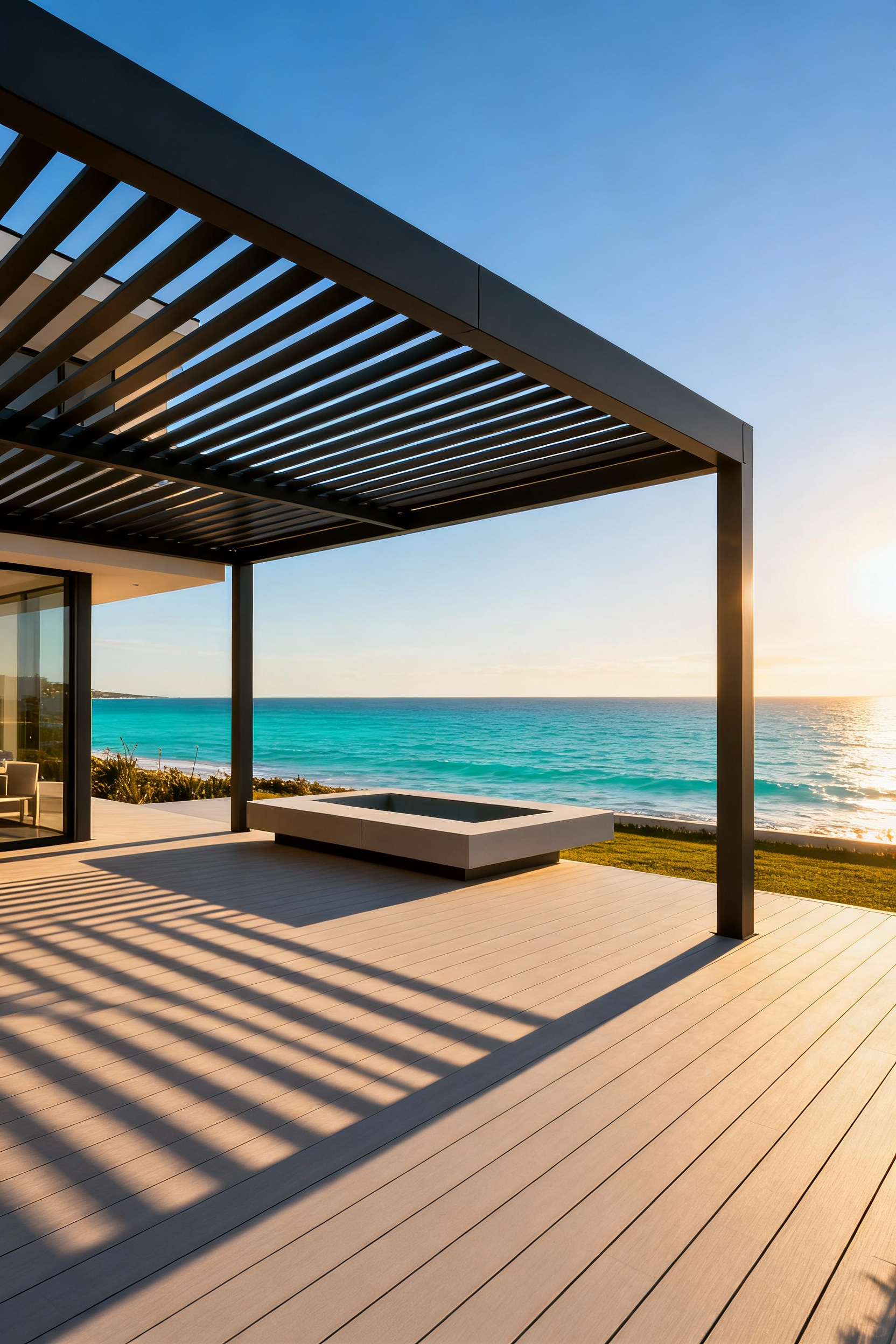 Modern backyard deck featuring a sleek, integrated charcoal aluminum pergola with adjustable bioclimatic louvers casting crisp striped shadows over contemporary outdoor furniture, set against a coastal ocean backdrop.