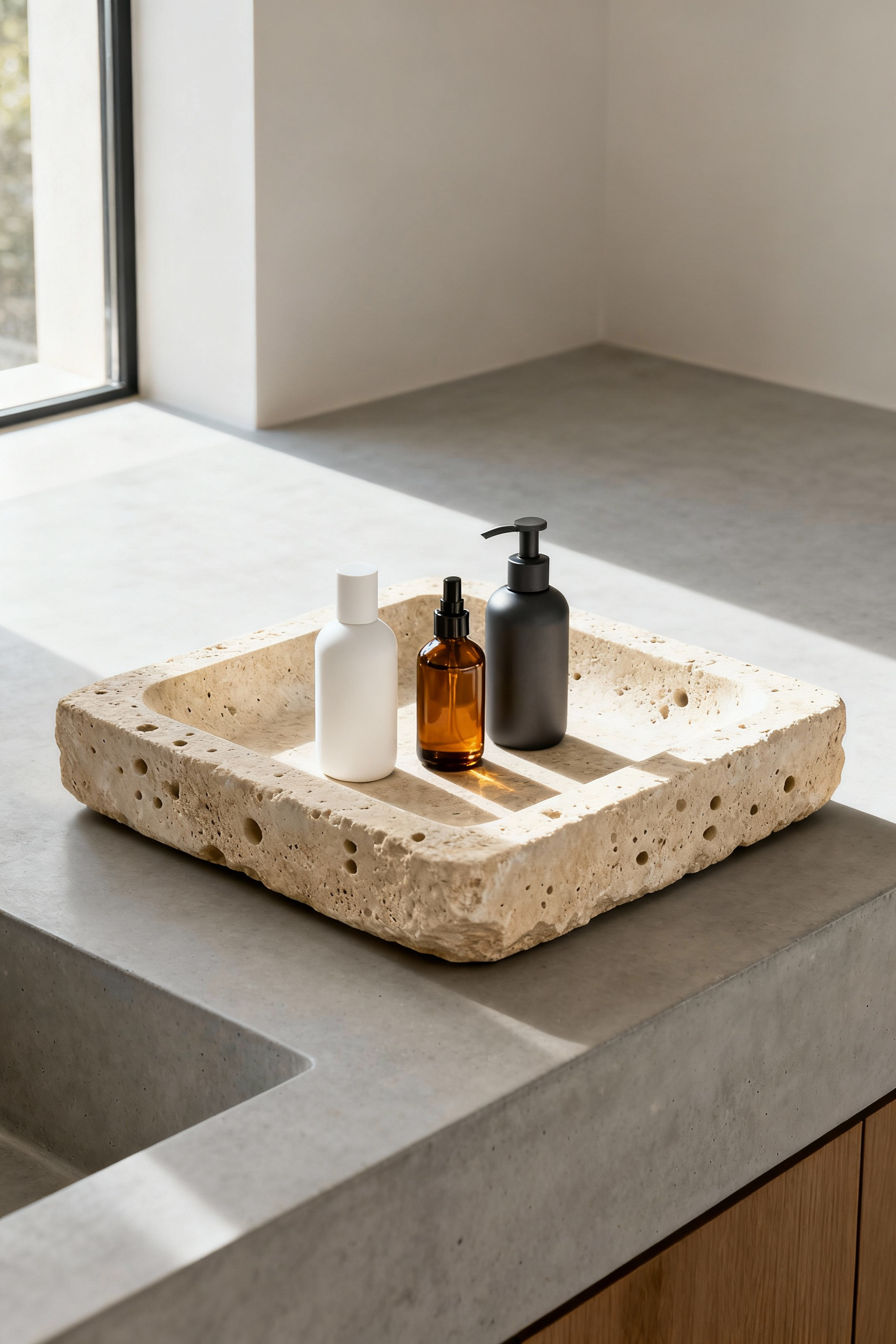 A heavy beige travertine tray anchoring small cosmetic bottles on a minimalist floating concrete bathroom counter.