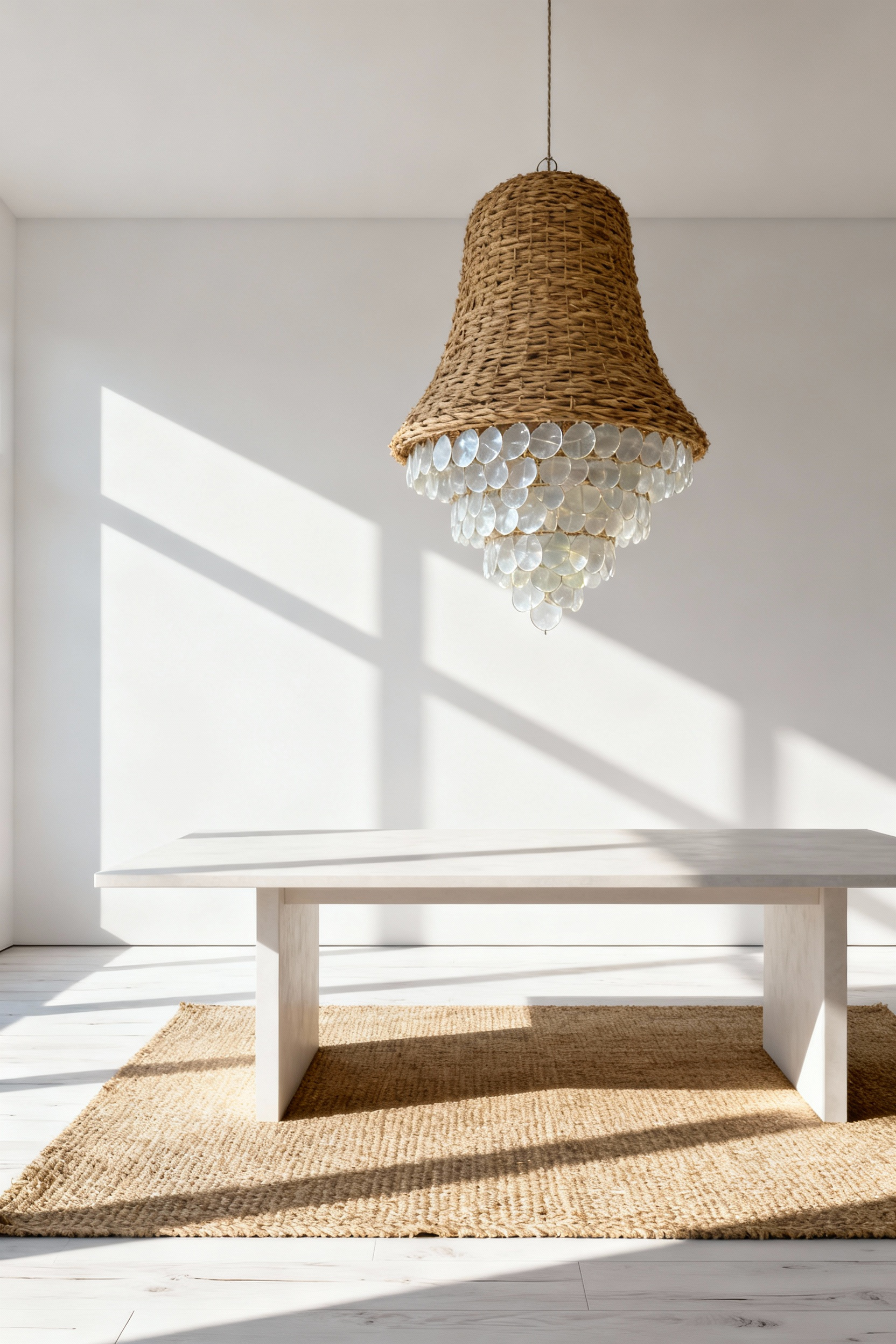 White dining room with a pale wood table centered under an oversized woven rattan pendant and a Capiz shell chandelier, demonstrating organic texture and dramatic shadow play in a monochrome space.