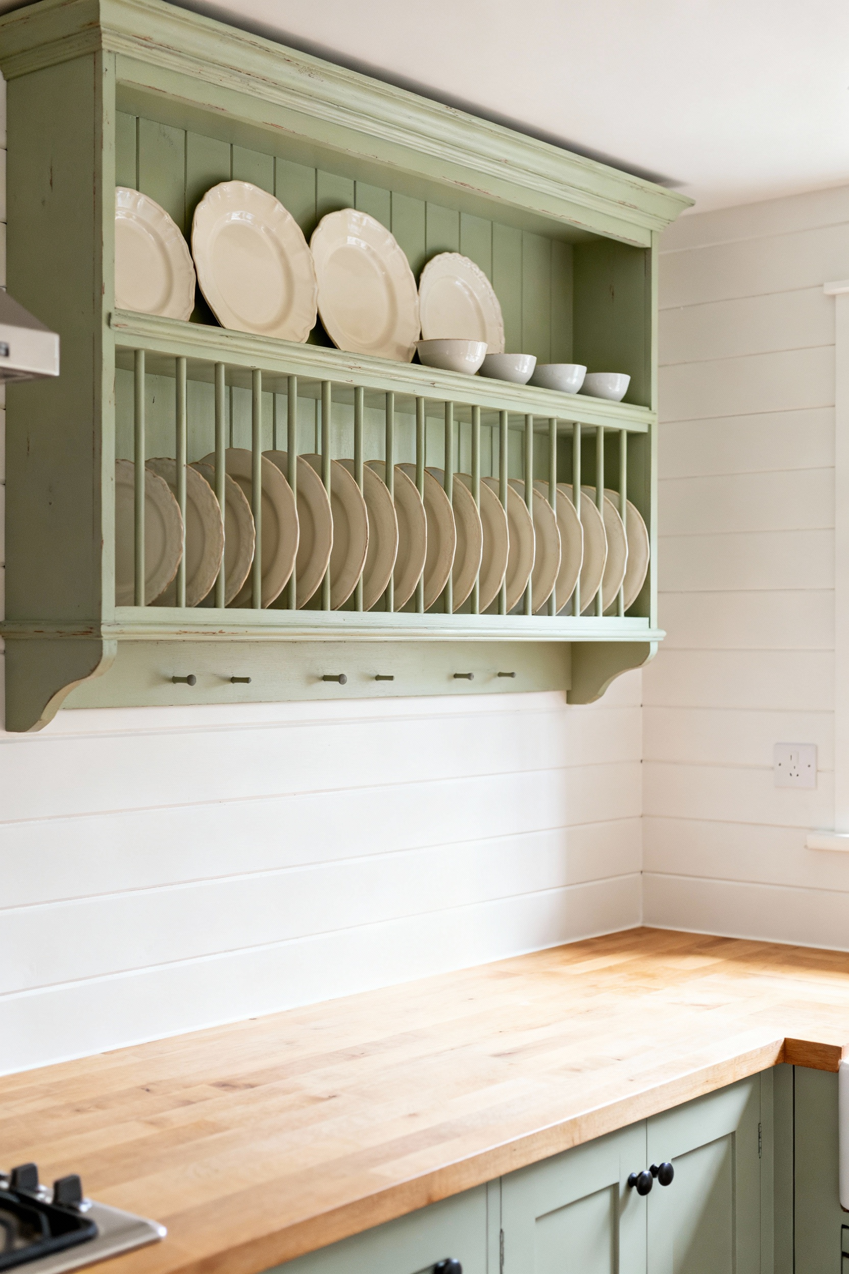 A photograph of a bright, small cottage kitchen featuring a shallow, sage green vintage plate rack mounted on white shiplap walls, demonstrating how vertical storage frees up visual space compared to deep upper cabinets.