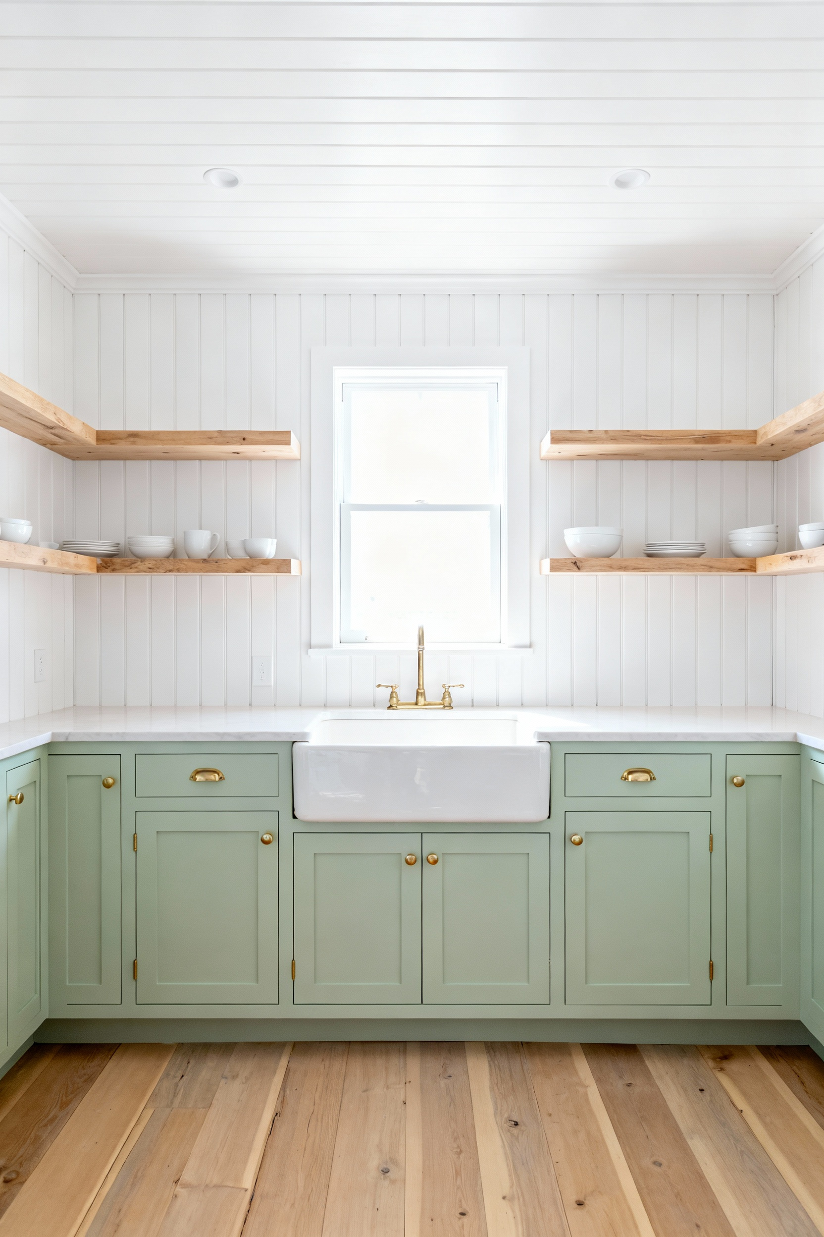 A small cottage kitchen with bright white floor-to-ceiling vertical beadboard paneling designed to visually increase the perceived height of the low ceiling. Features include sage green lower cabinets, a farmhouse sink, and open wood shelving.