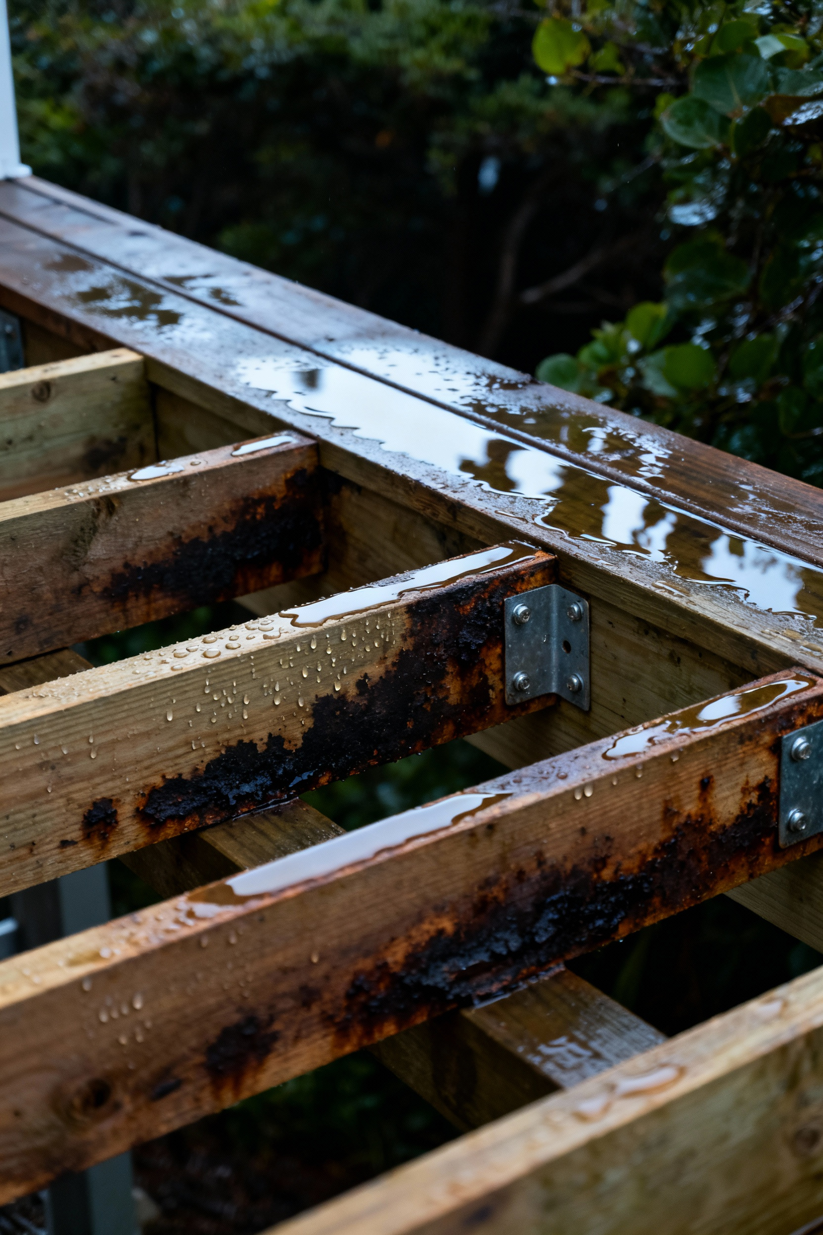 Detailed photograph of wooden deck joists showing moisture damage and pooling water on the flat surfaces of the substructure, illustrating the need for smart drainage solutions in coastal backyard environments.